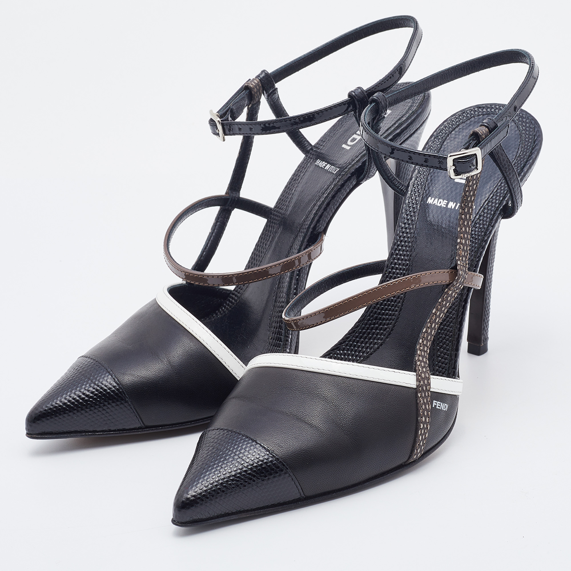 Fendi Black Leather and Lizard Embossed Pointed Toe Ankle Strap Pumps Size
Fendi Black Leather and Lizard Embossed Pointed Toe Ankle Strap Pumps Size