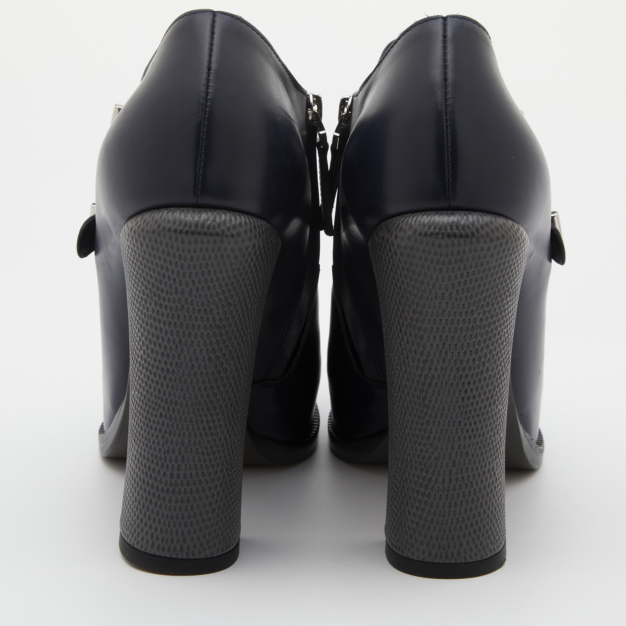 Fendi Navy Blue Leather Buckle Detail Ankle Length Platform Boots Size 38