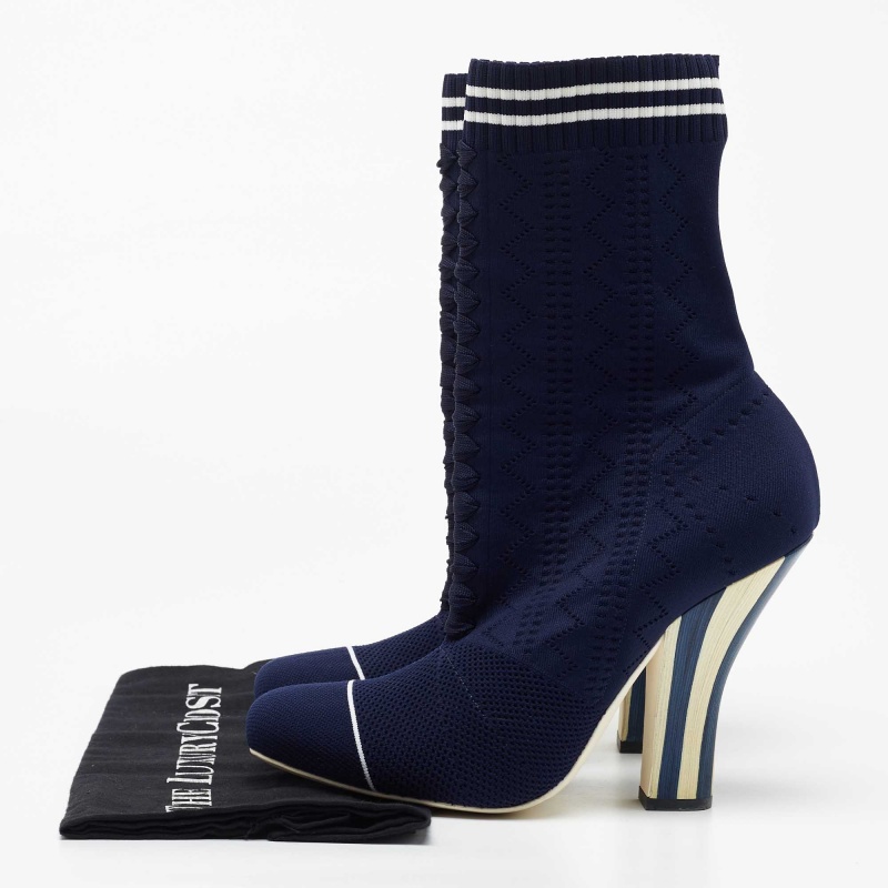 Fendi Navy Blue Knit Fabric Rockoko Mid Calf Boots Size 40