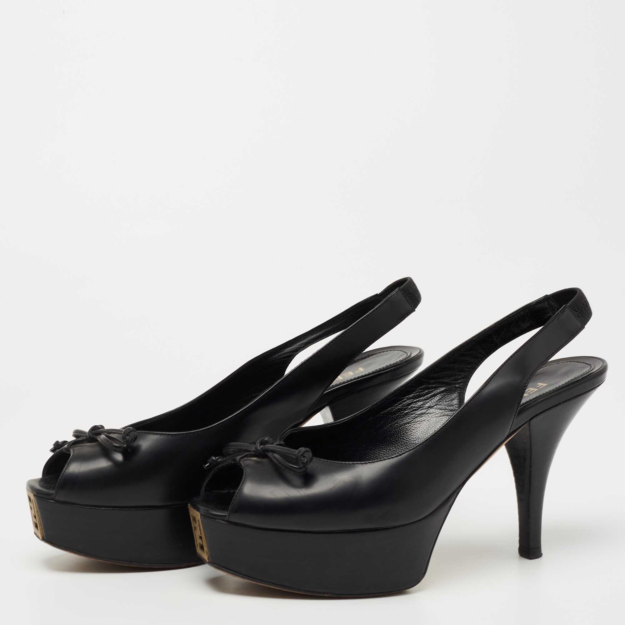 

Fendi Black Leather Fendista Peep Toe Platform Slingback Pumps Size