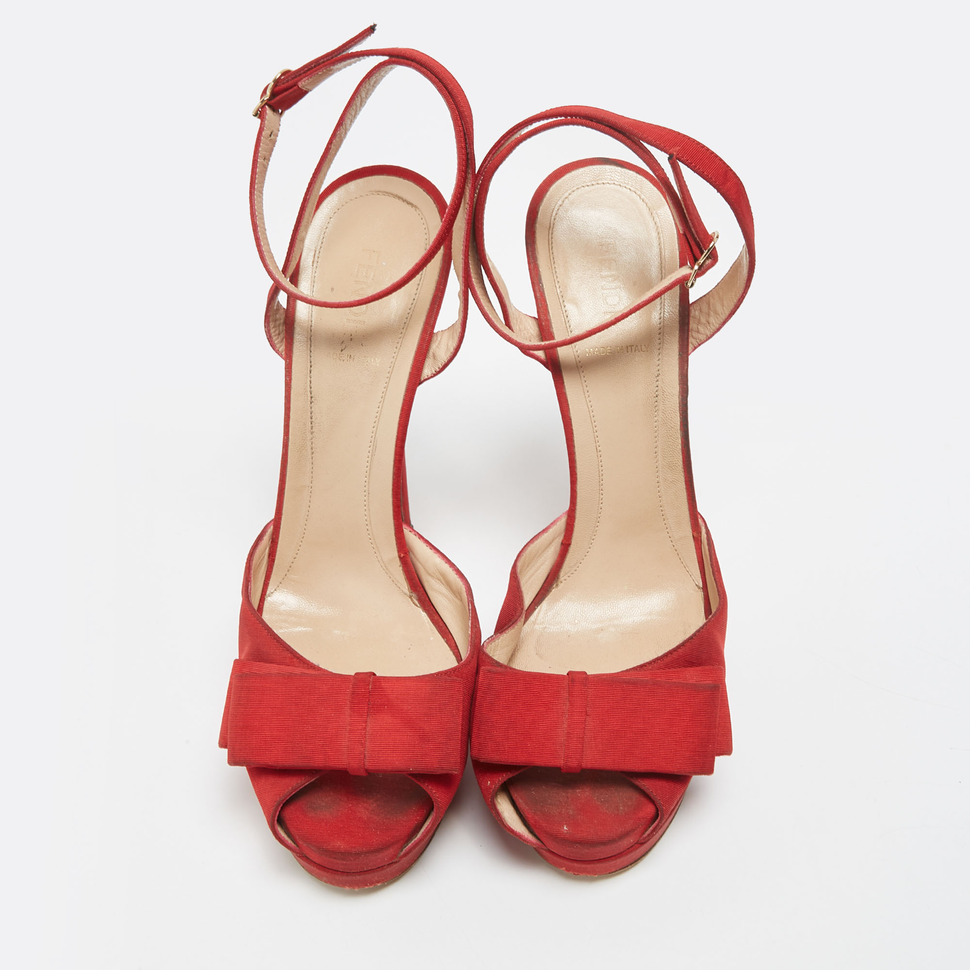 Fendi Red Fabric Bow Ankle Strap Platform Sandals Size 40