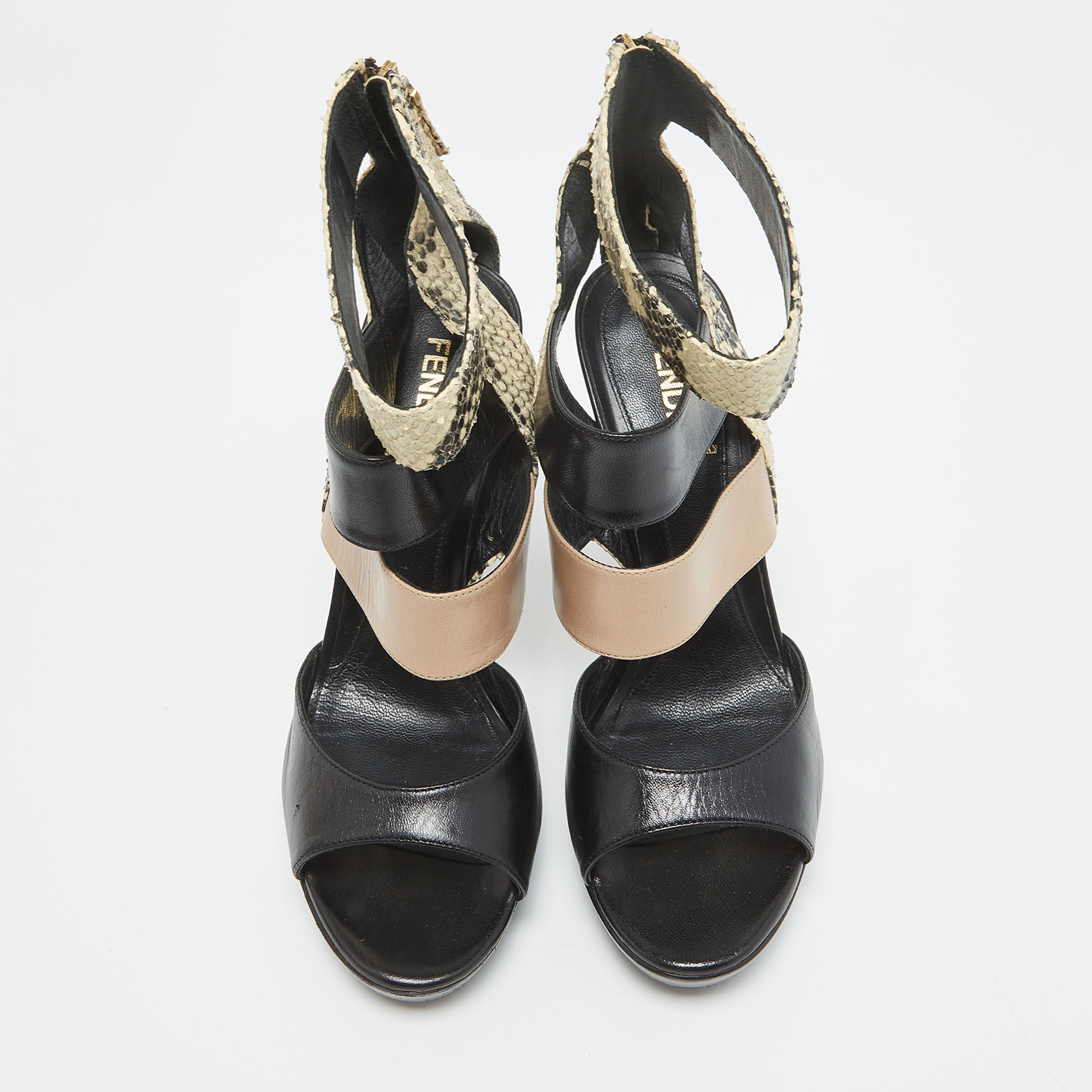 Fendi Tricolor Leather And Python Ankle Strap Platform Sandals Size 38
