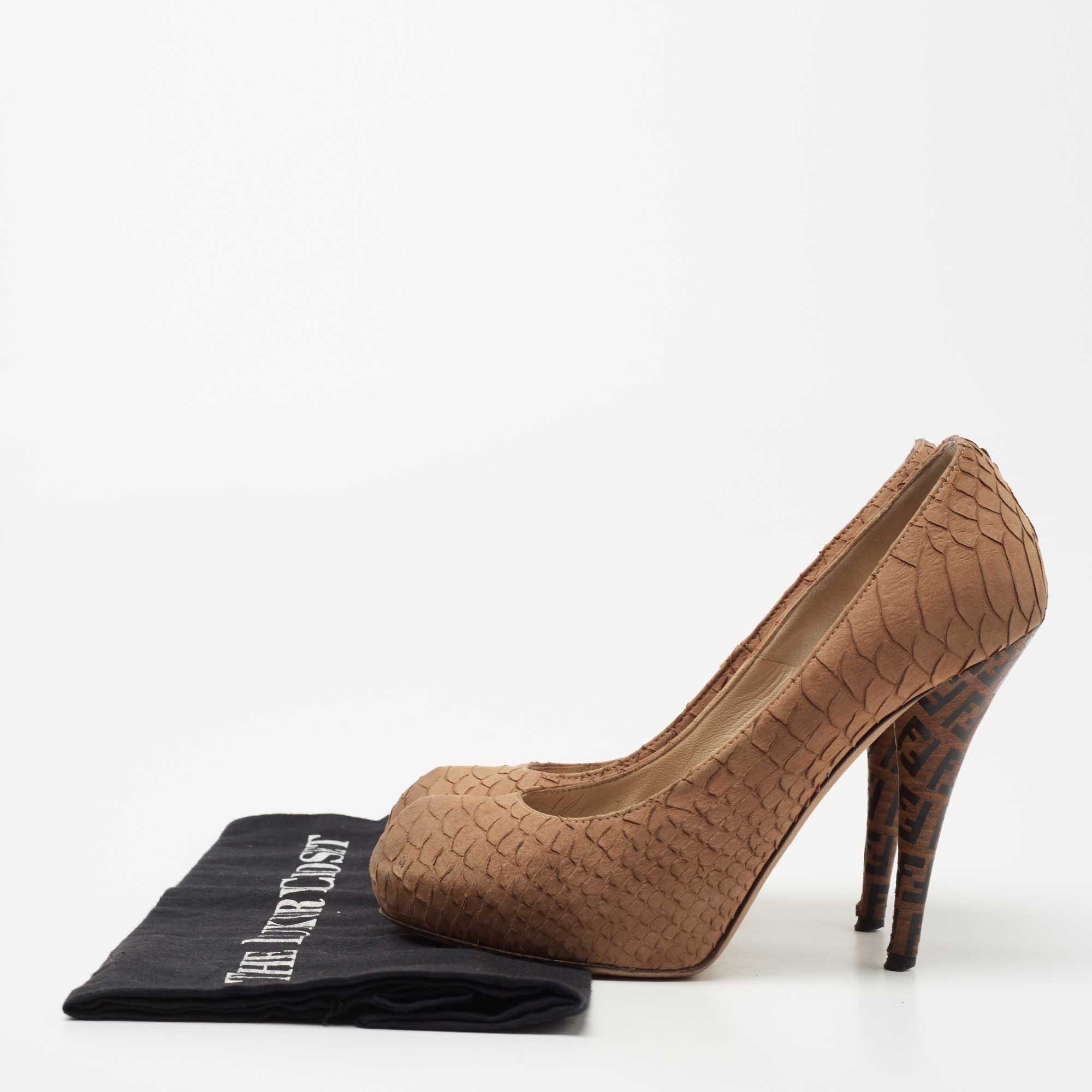 Fendi Brown Python Embossed Leather FF Logo Heel Platform Pumps Size 36.5