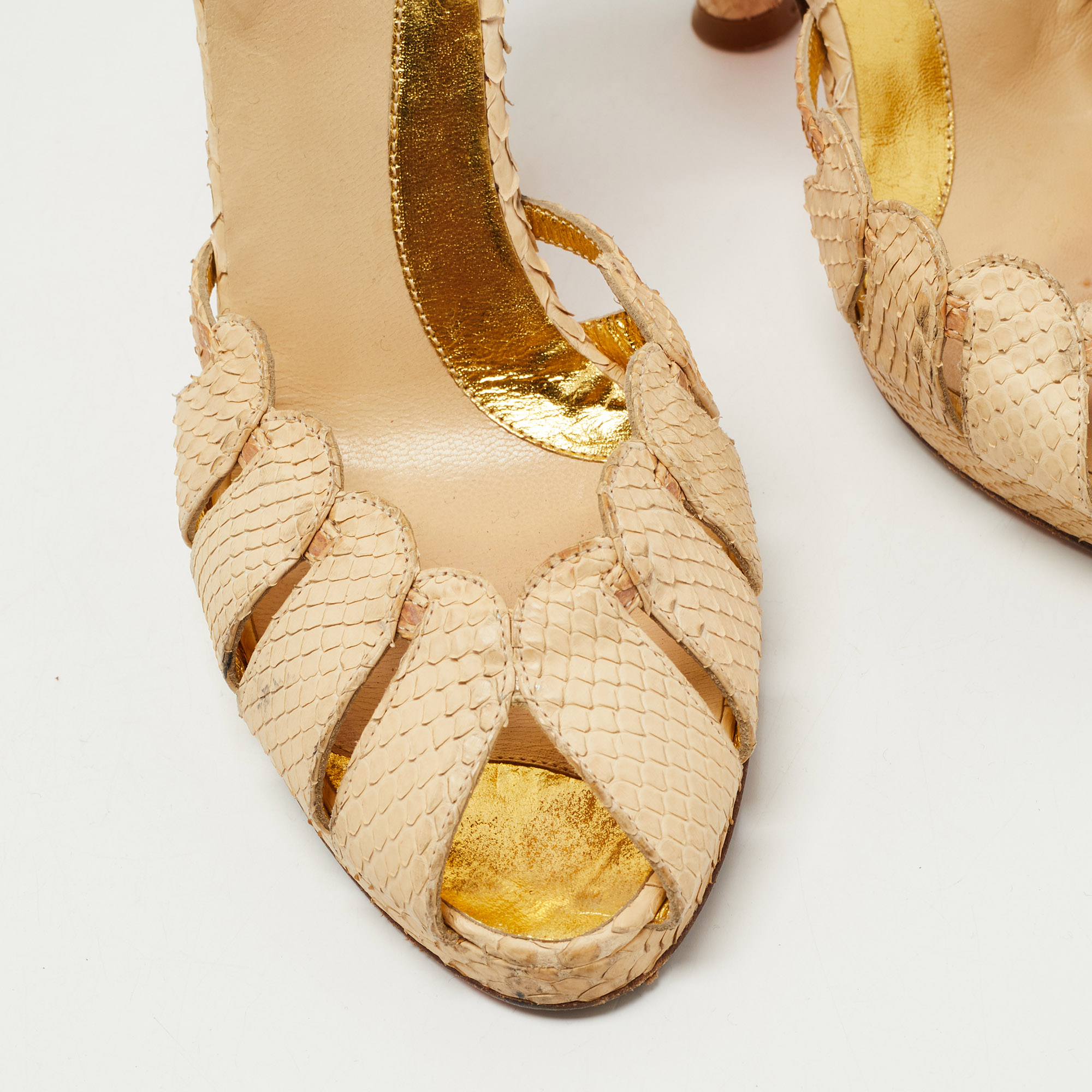 Fendi Beige Snakeskin Leather Ankle Strap Sandals Size 36