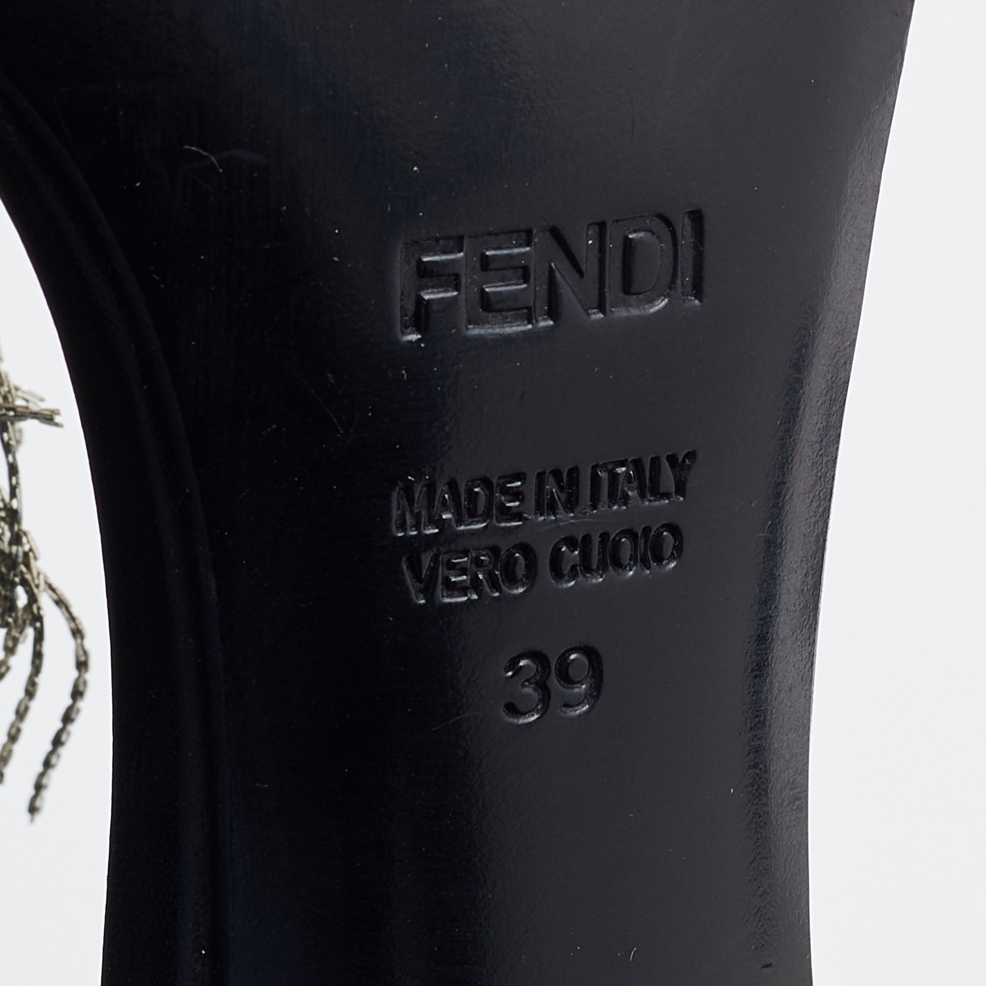 Fendi Black Leather Metal Peacock Feather T-Strap Sandals Size 39