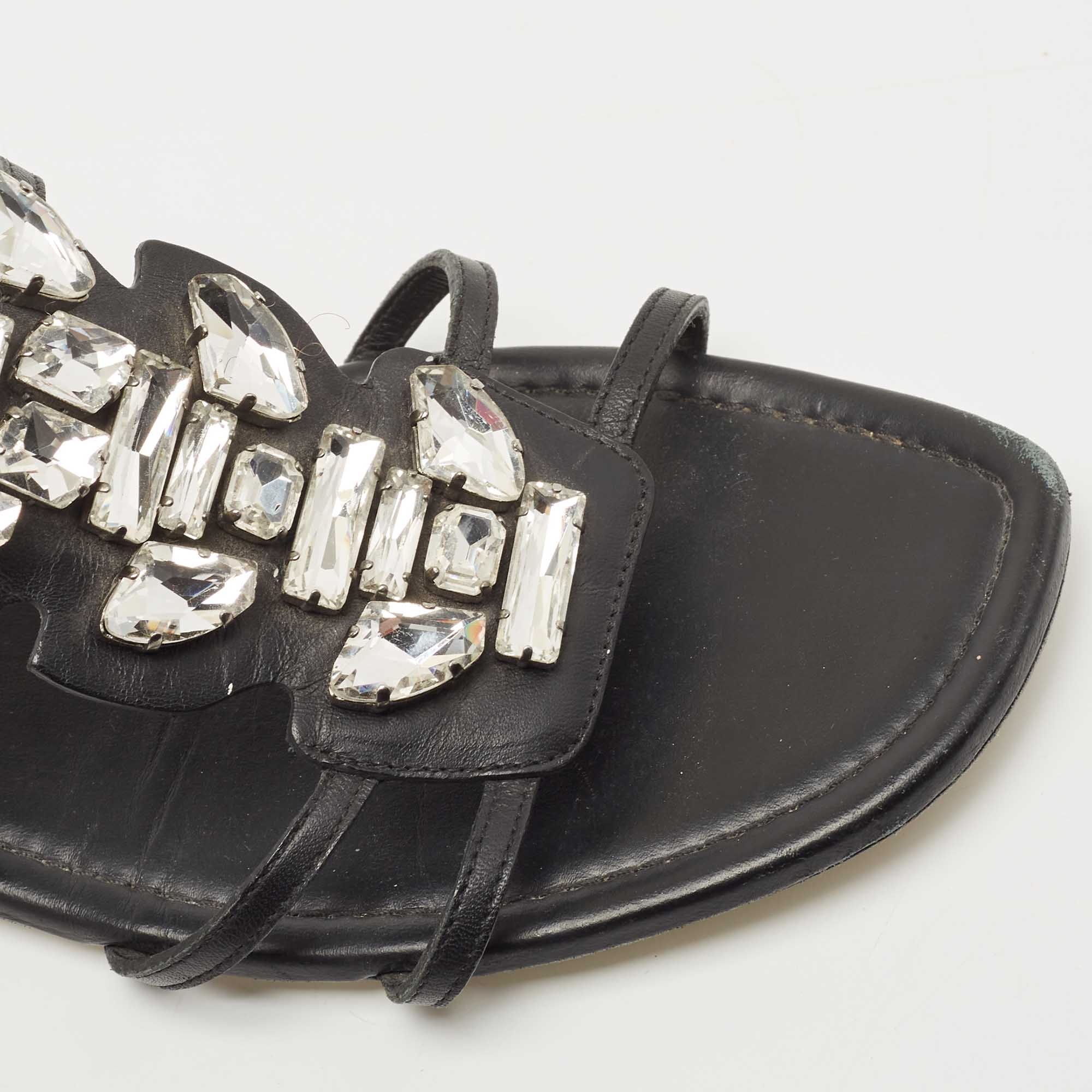Fendi Black Leather Crystal Embellished Strappy Ankle Strap Flat Sandals Size 37