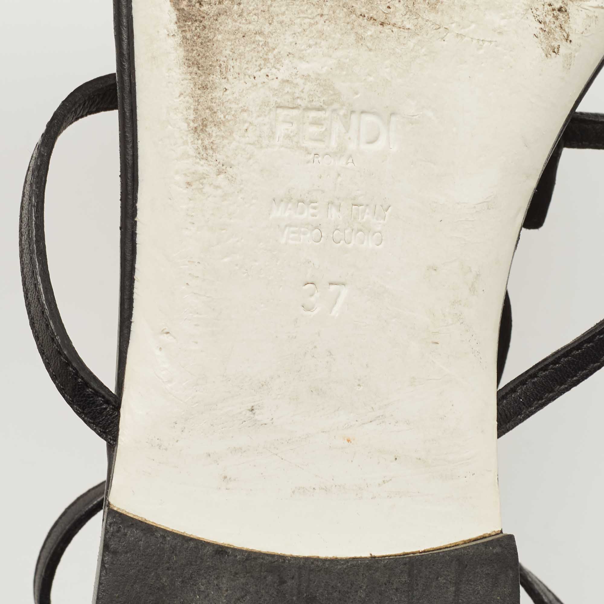 Fendi Black Leather Crystal Embellished Strappy Ankle Strap Flat Sandals Size 37