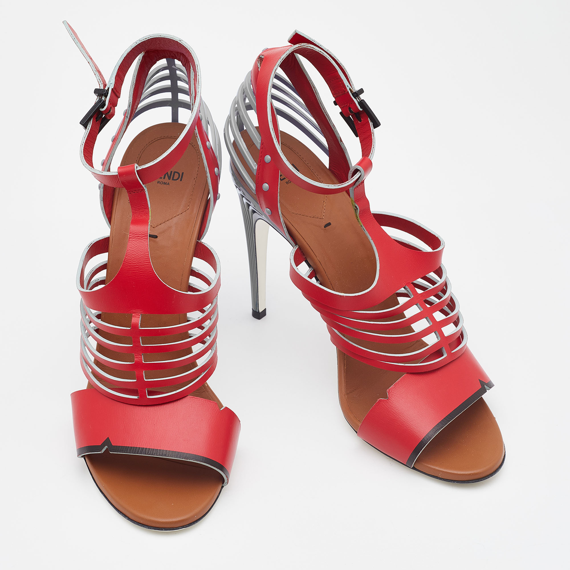 Fendi Red/Blue Leather Tiffany Ankle Strap Sandals Size 41