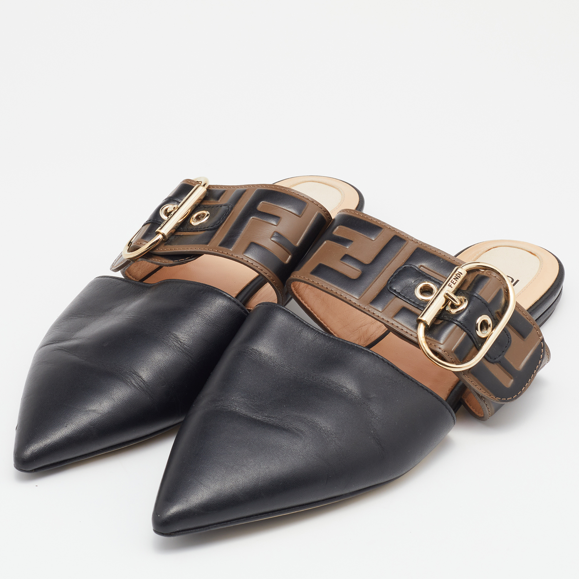 

Fendi Black/Brown Leather FF Logo Buckle Mules Size