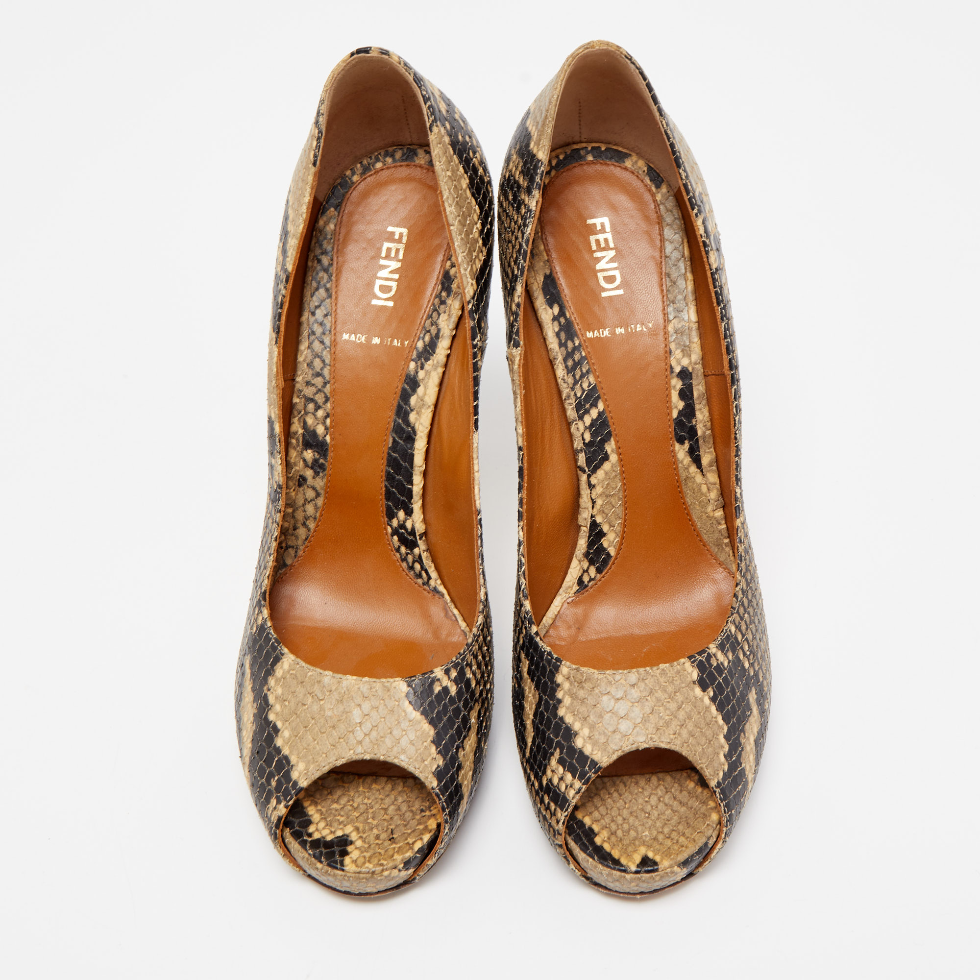 Fendi Brown Python Embossed Leather Peep Toe Pumps Size 39.5