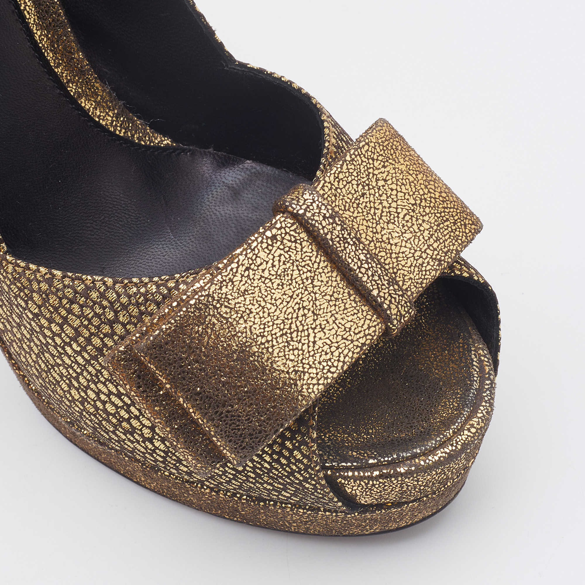 Fendi Metallic Gold Brocade Fabric Deco Peep Toe Bow Platform Pumps Size 37.5