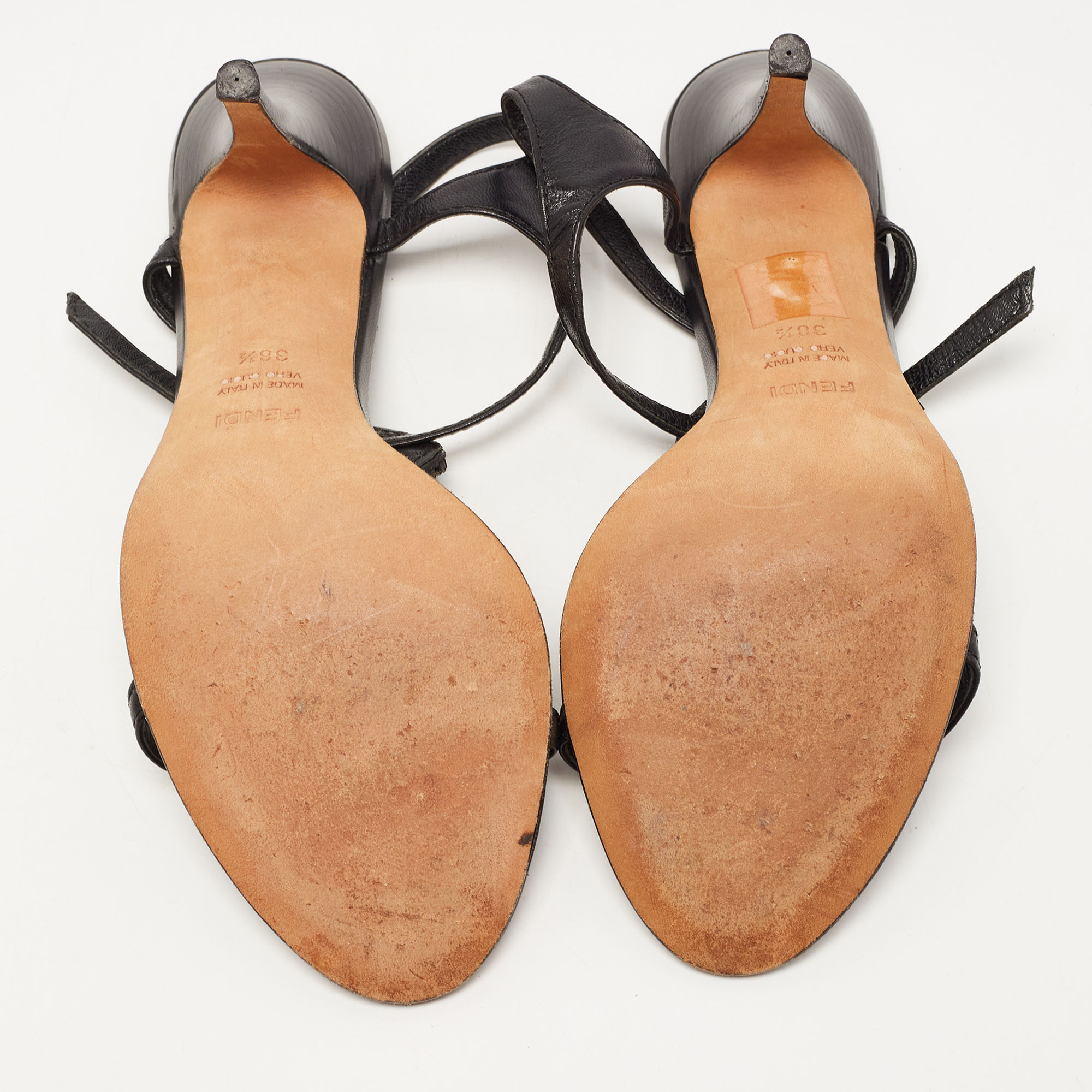 Fendi Black Leather Crystal Embellished Ankle Strap Sandals Size 38.5