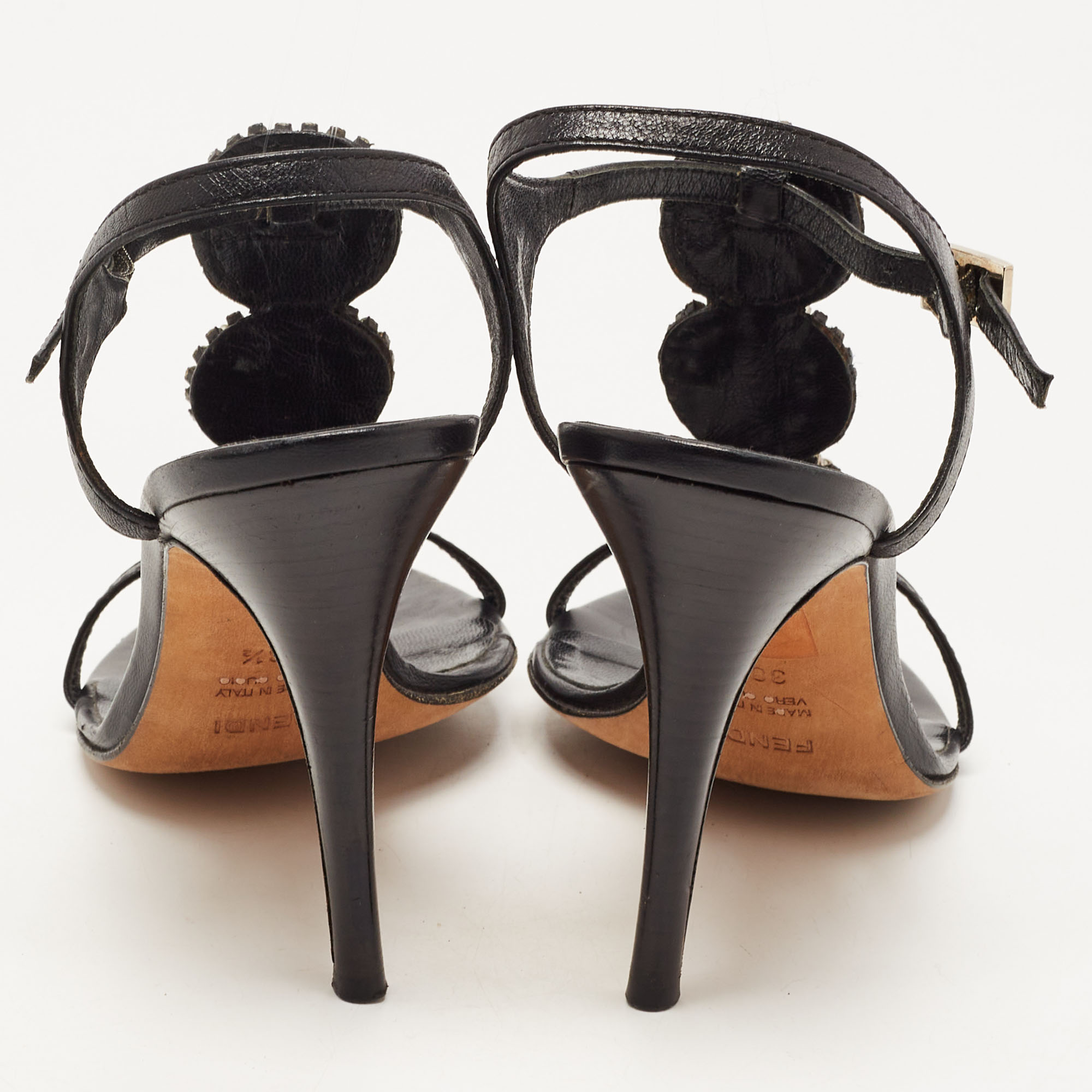 Fendi Black Leather Crystal Embellished Ankle Strap Sandals Size 38.5