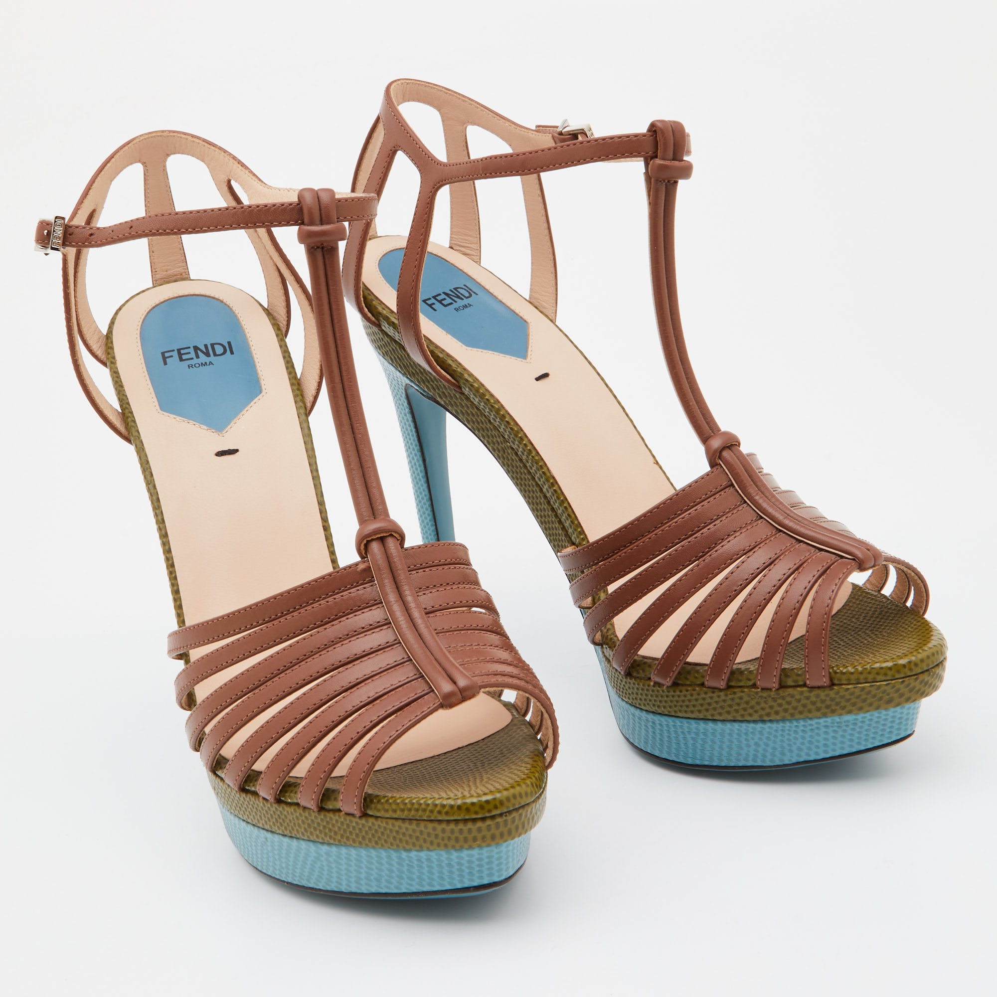 Fendi Brown Leather T-Bar Strappy Platform Sandals Size 38.5