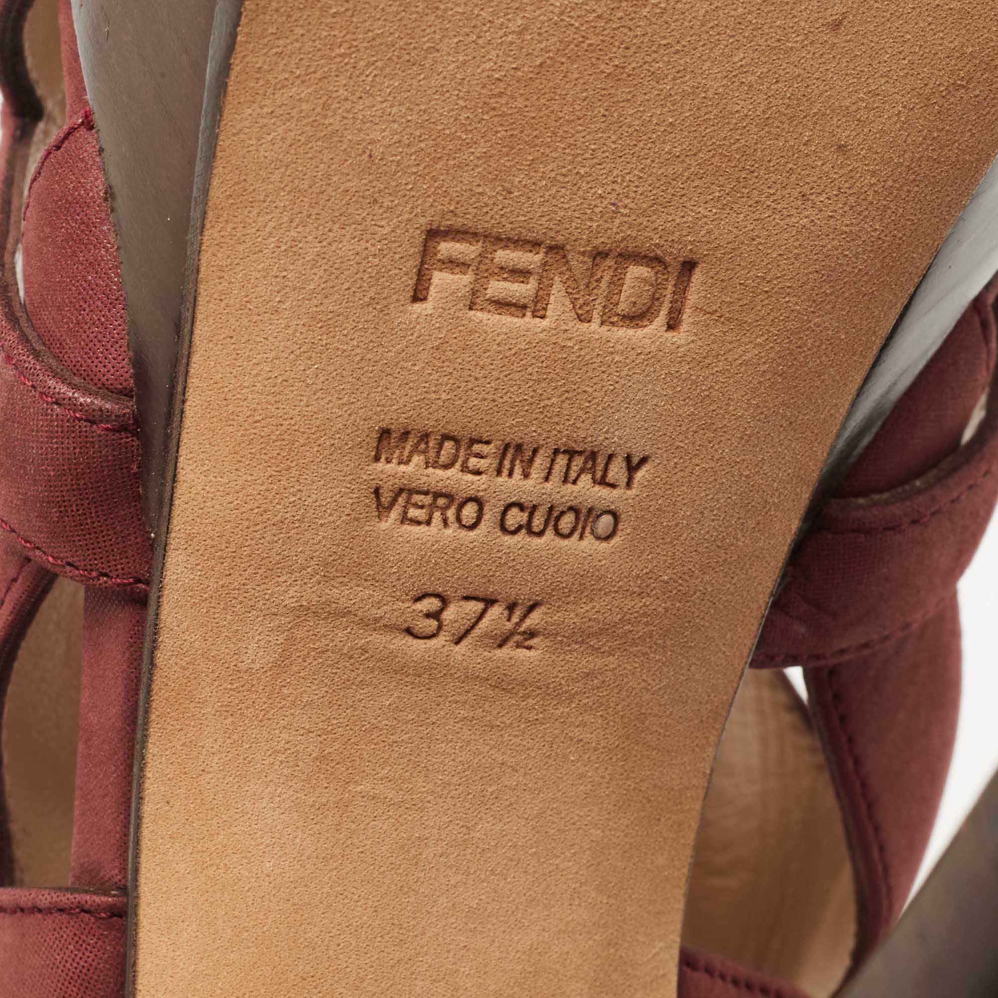 FendI Burgundy Glitter Nubuck Leather Peep Toe Platform Pumps Size 37.5
