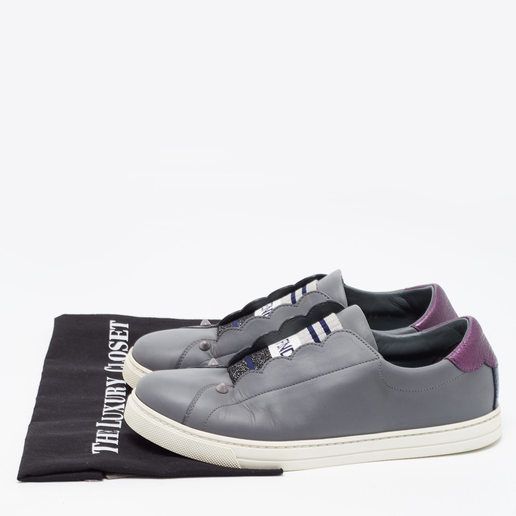 Fendi Grey Leather Rockoko Slip On Sneakers Size 39