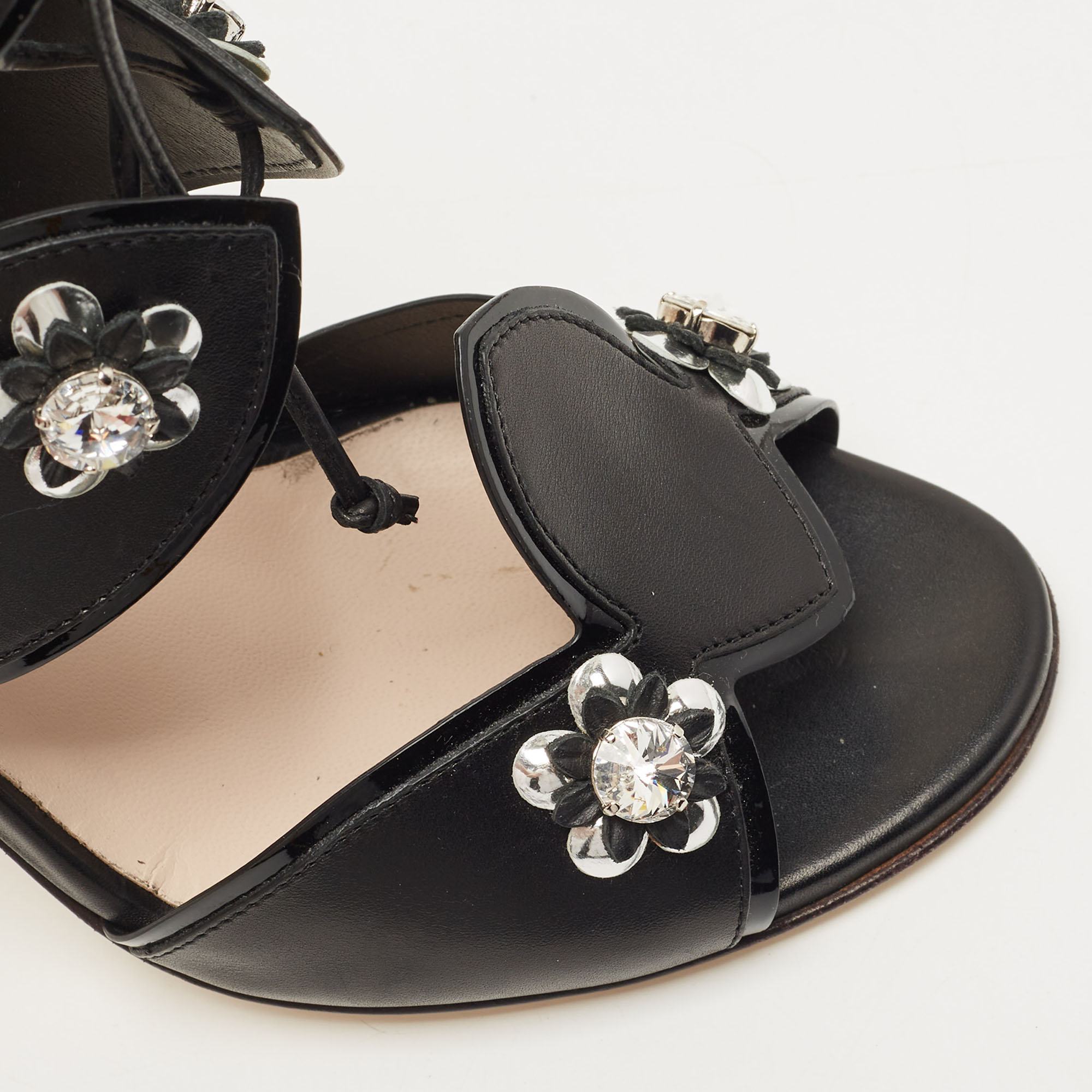 Fendi Black Leather Flowerland Embellished Sandals Size 39