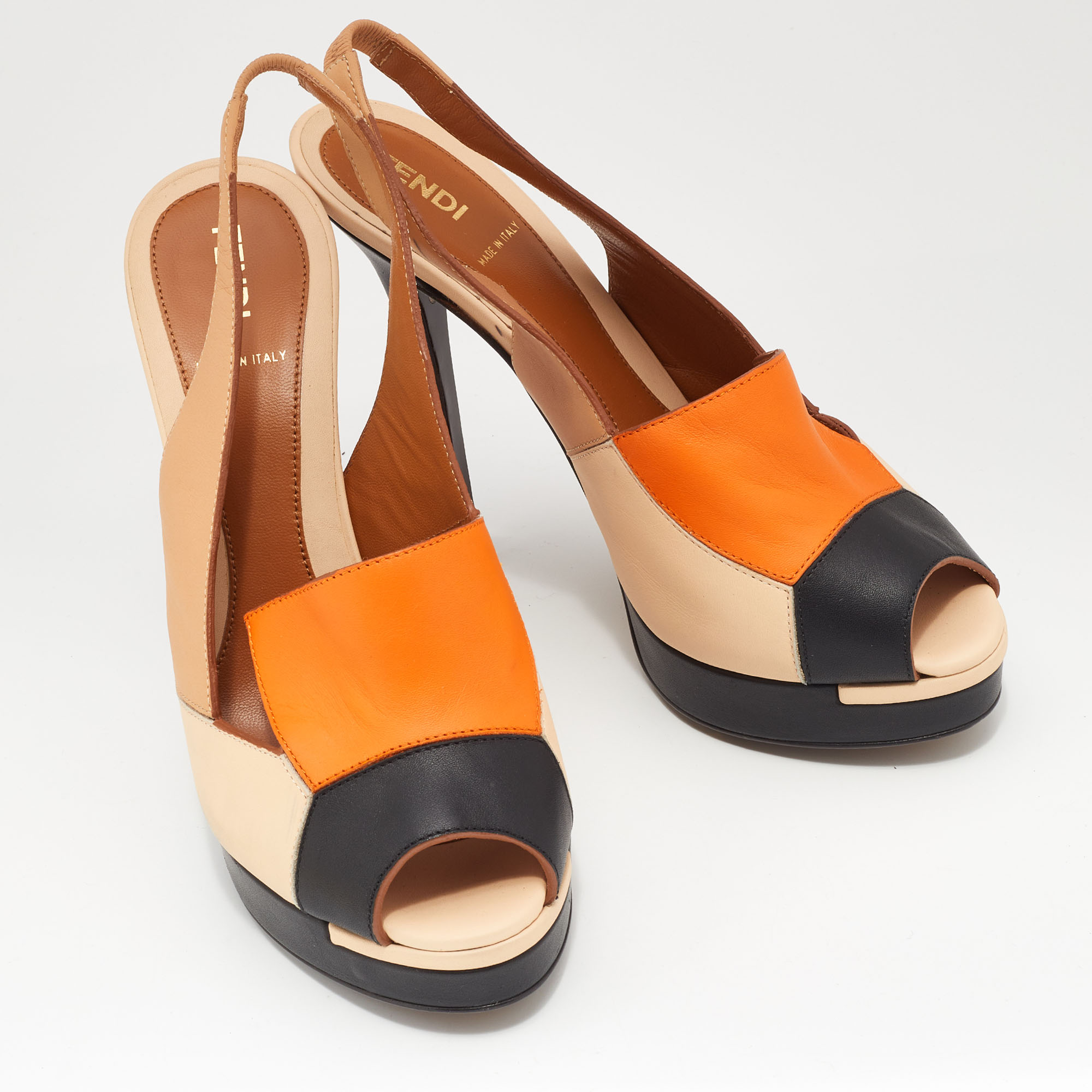 Fendi Multicolor Leather Color Block Peep Toe Slingback Sandals Size 37