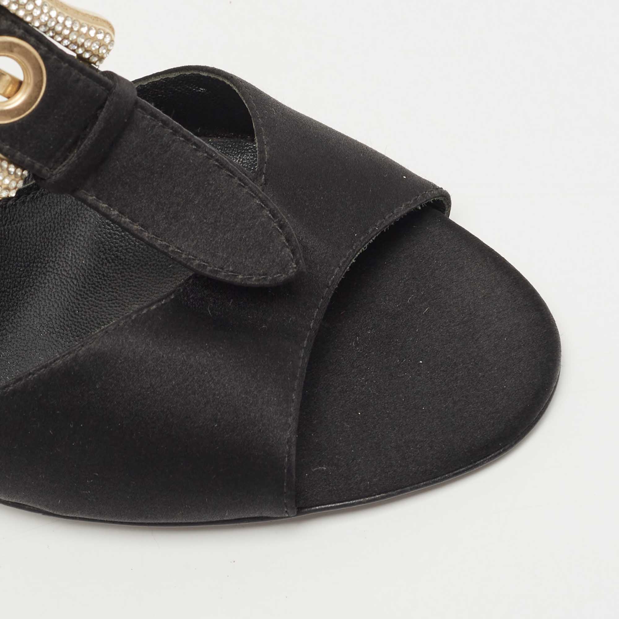 Fendi Black Satin Crystal Embellished Buckle T-Strap Sandals Size 39