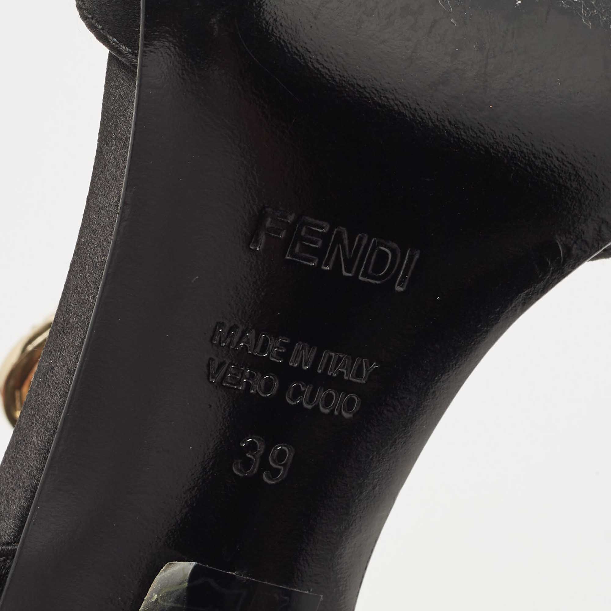 Fendi Black Satin Crystal Embellished Buckle T-Strap Sandals Size 39