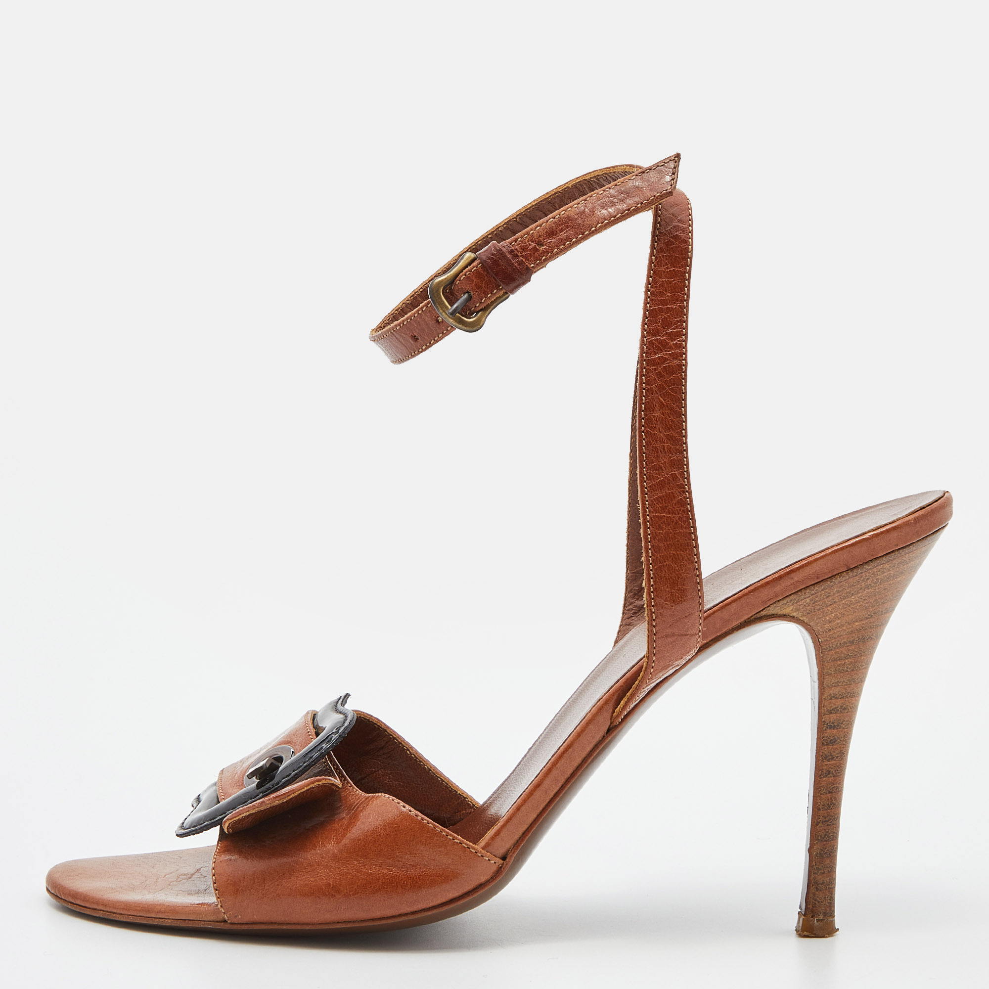 Fendi Brown Leather Buckle Detail Ankle Strap Sandals Size 38.5