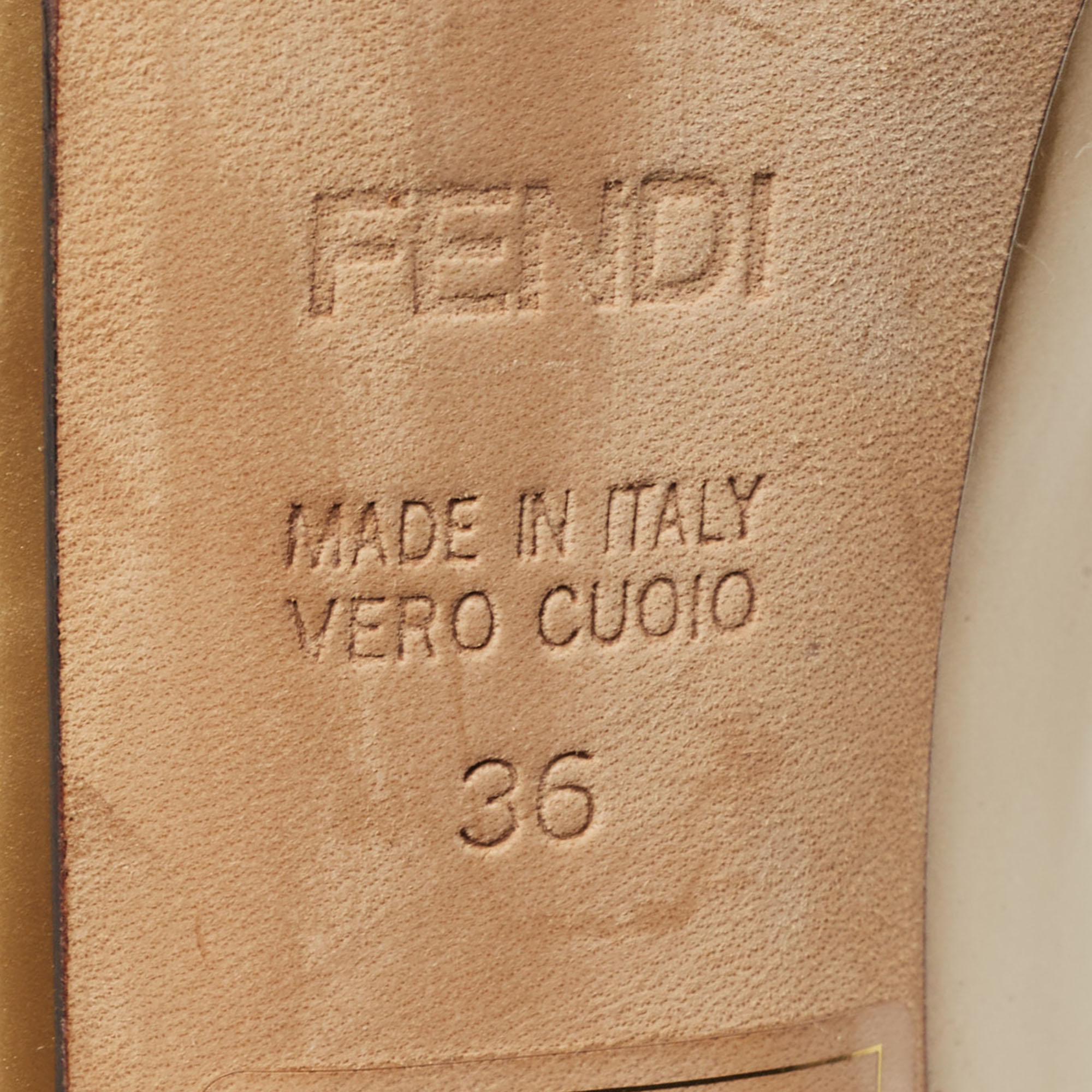 Fendi Gold Patent Leather Zucca Heel Peep Toe Pumps Size 36