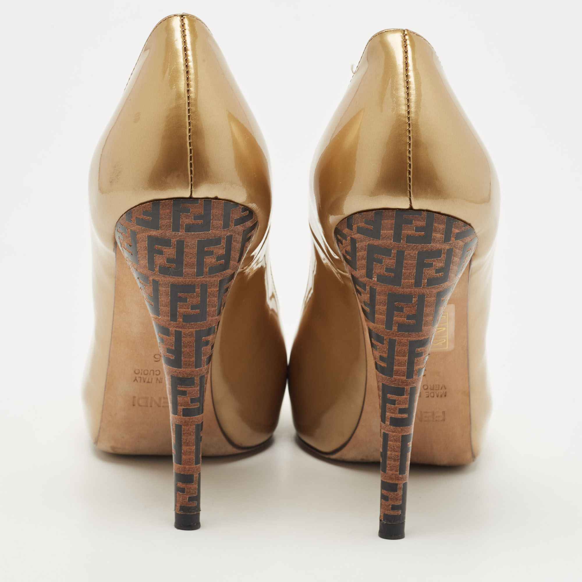 Fendi Gold Patent Leather Zucca Heel Peep Toe Pumps Size 36