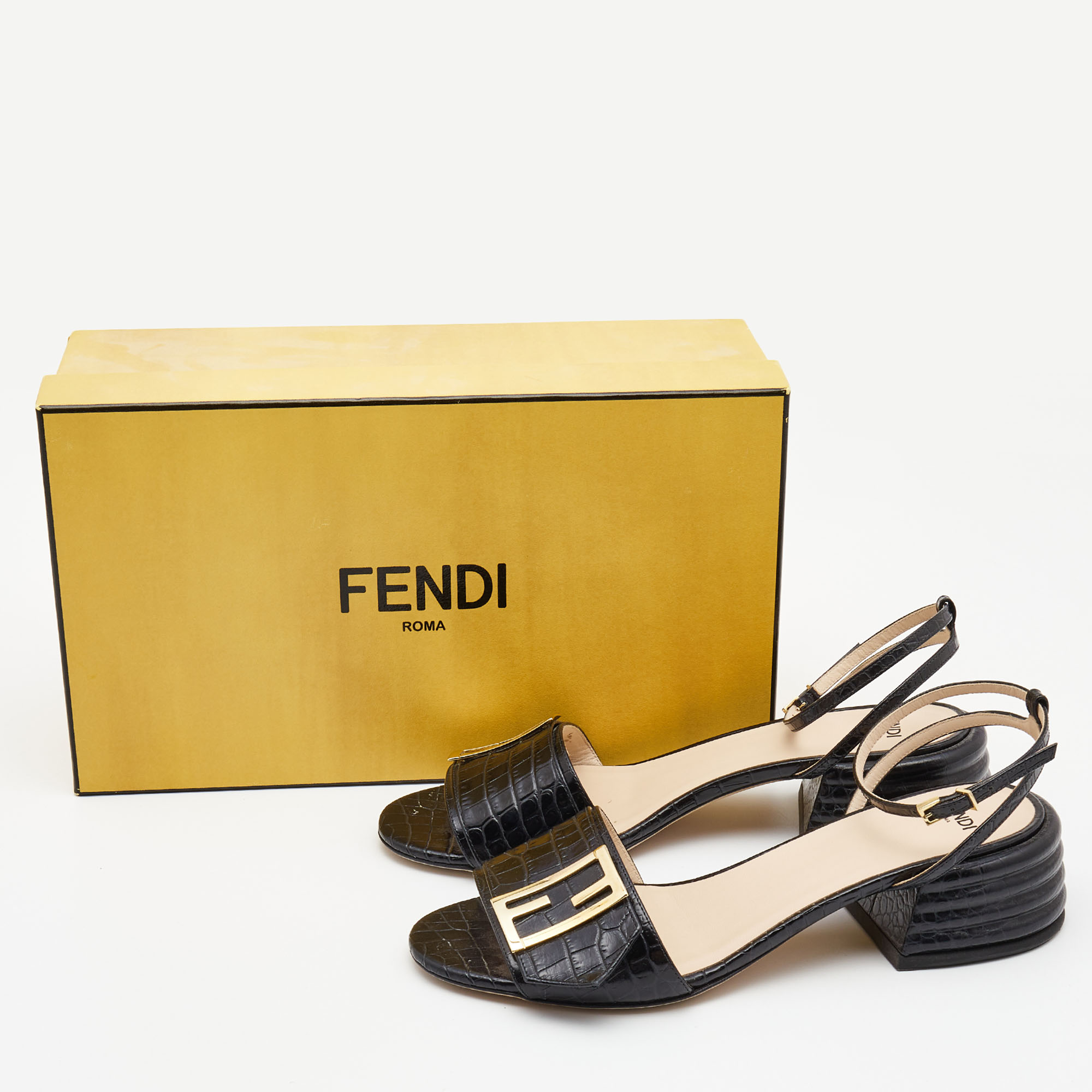 Fendi Black Croc Embossed Leather Promenade Ankle Strap Sandals Size 38.5