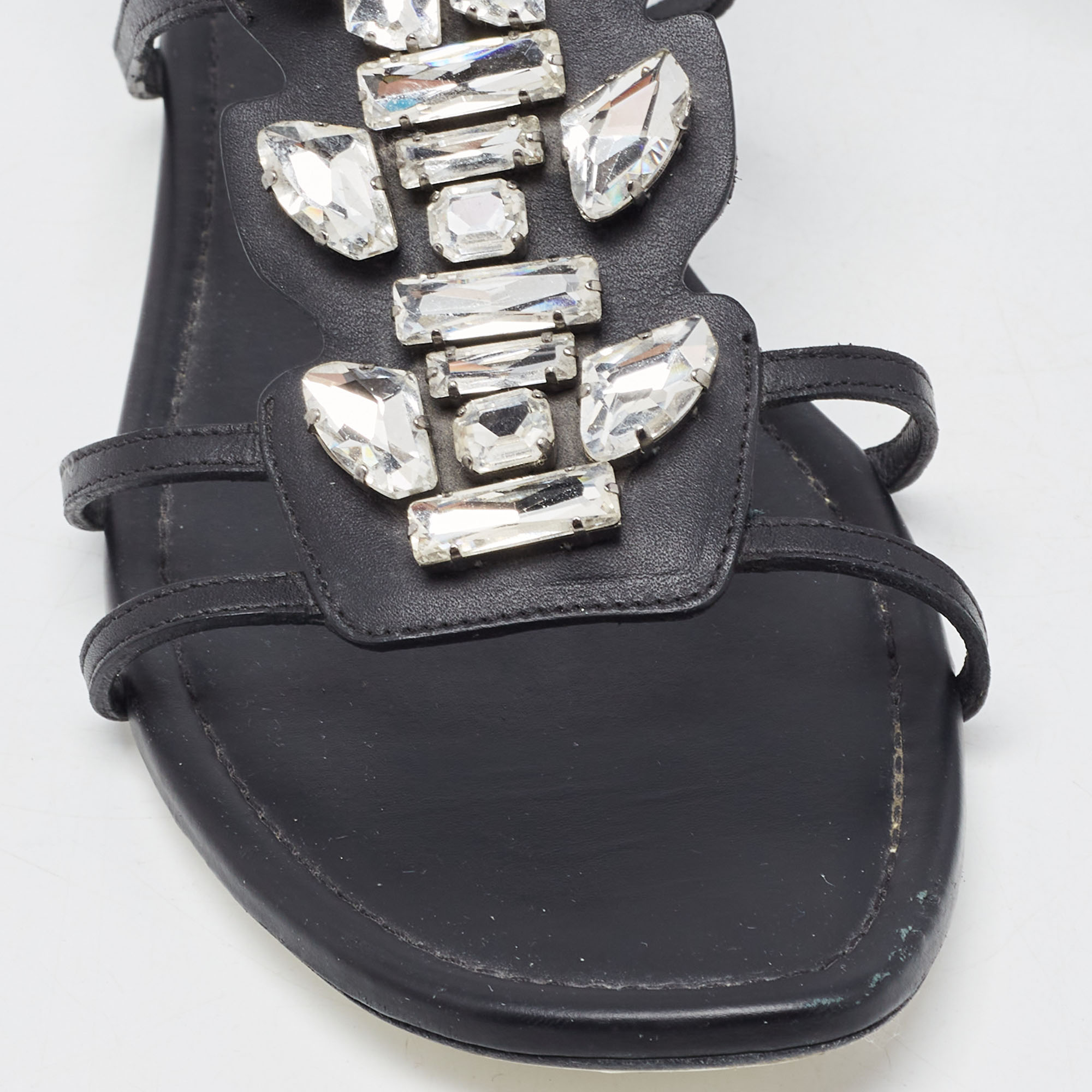 Fendi Black Leather Crystal Embellished Strappy Ankle Strap Flat Sandals Size 37.5