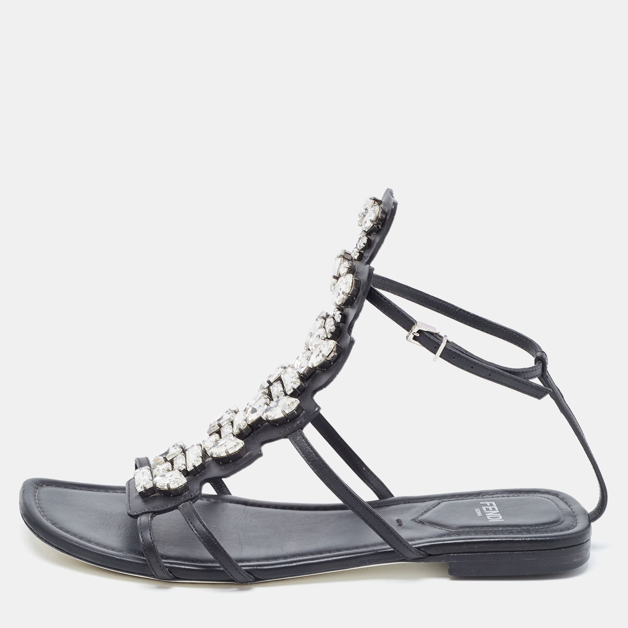 Fendi Black Leather Crystal Embellished Strappy Ankle Strap Flat Sandals Size 37.5