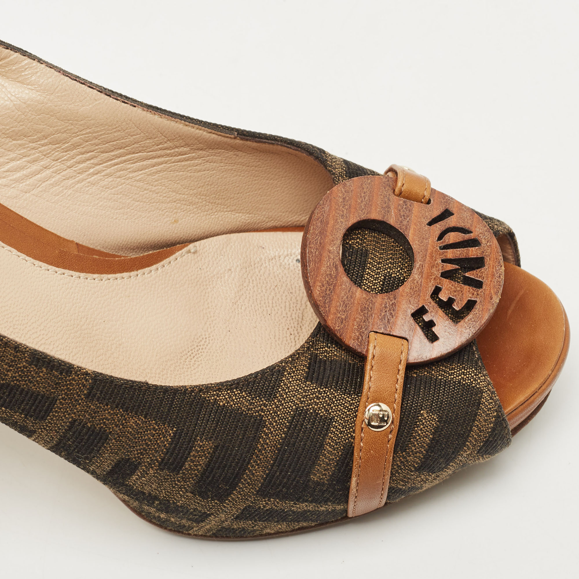 Fendi Brown Zucca Canvas And Leather Slingback Pumps Size 35.5