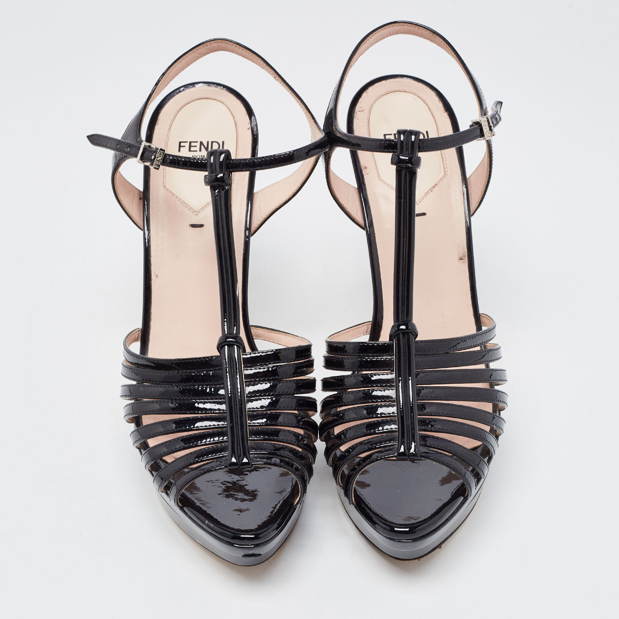 Fendi Black Patent Leather T Strap Platform Sandals Size 37