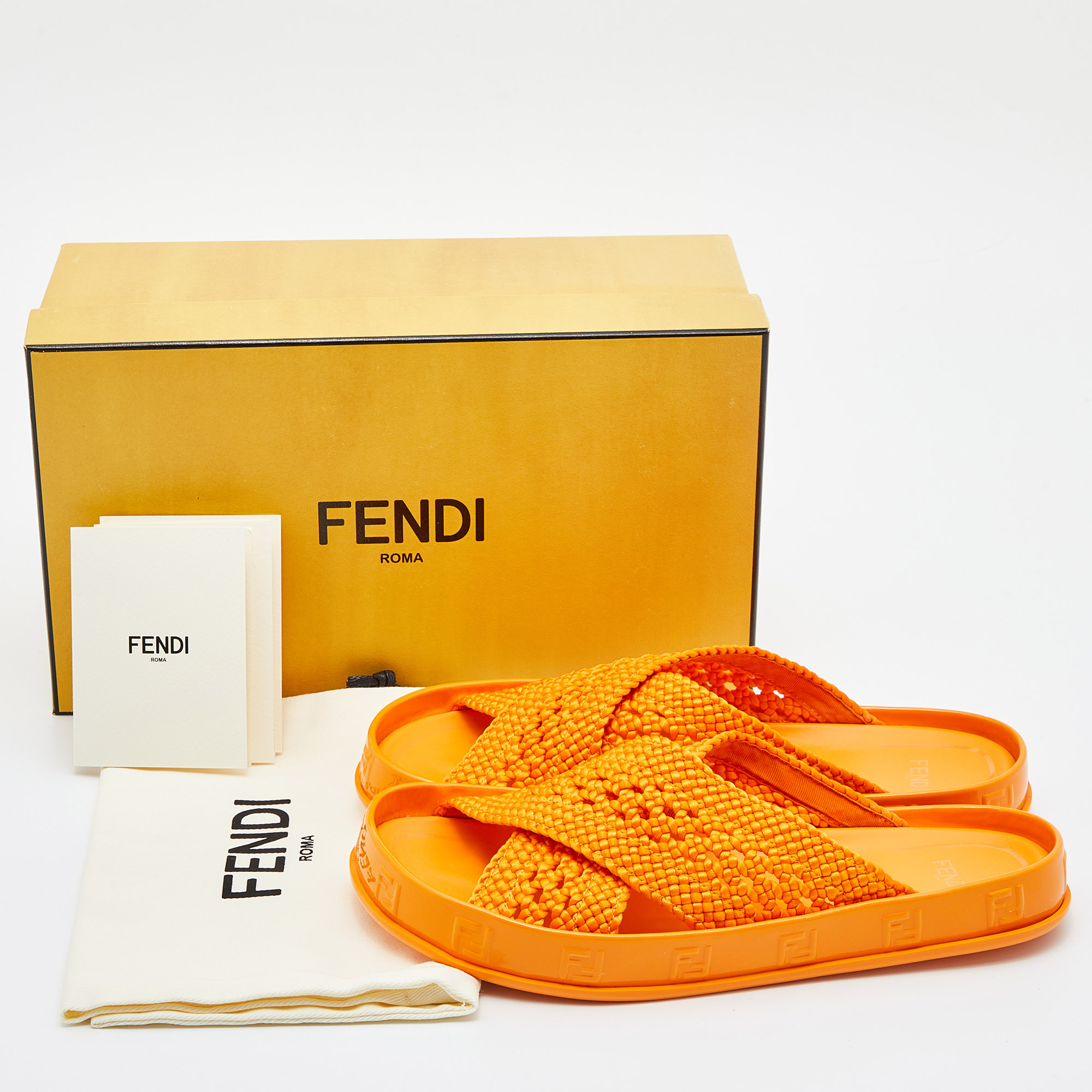 Fendi Orange Nylon And Patent Leather Forever Cross Reflections Slide Flats Size 38.5