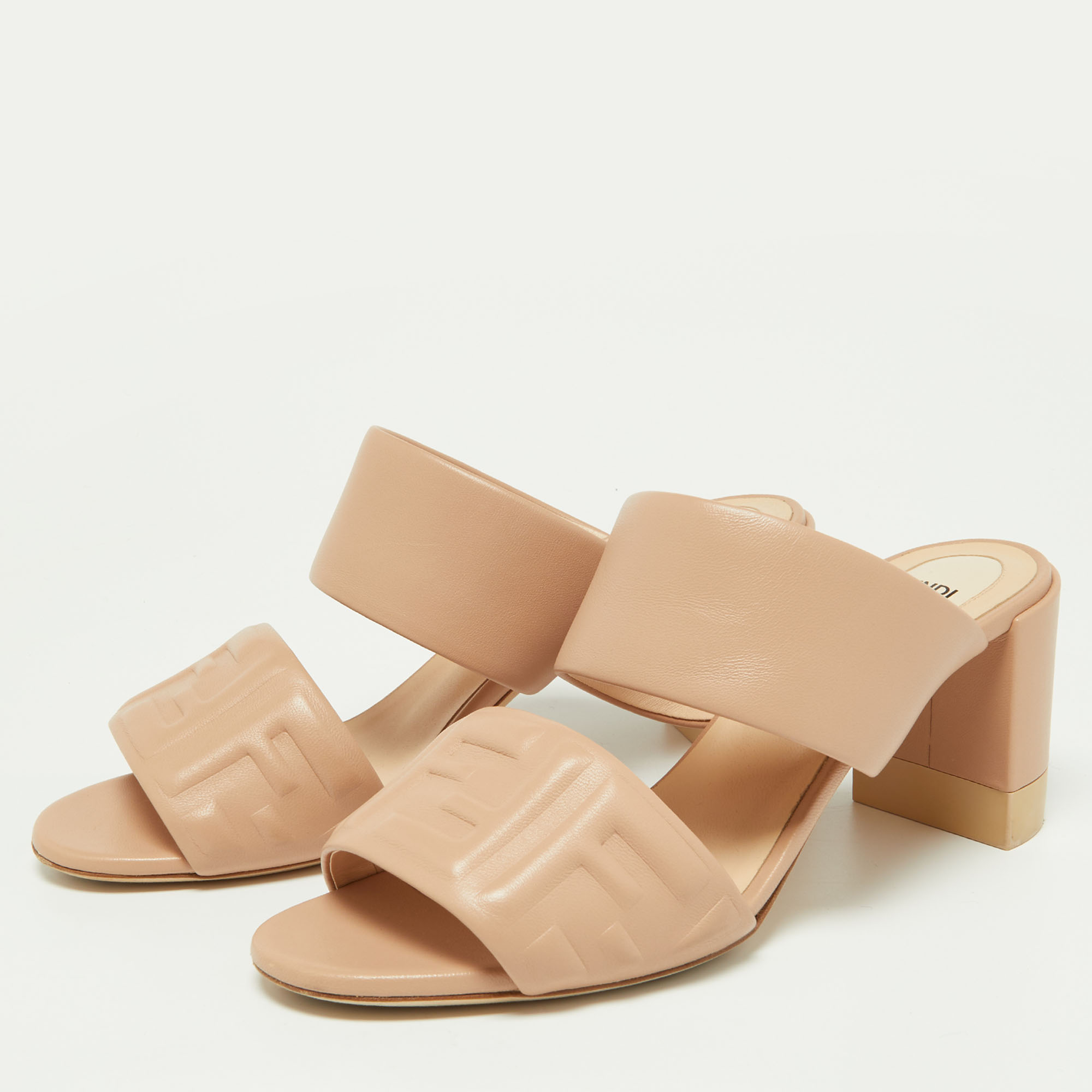 

Fendi Beige Leather FF Block Heel Slide Sandals Size