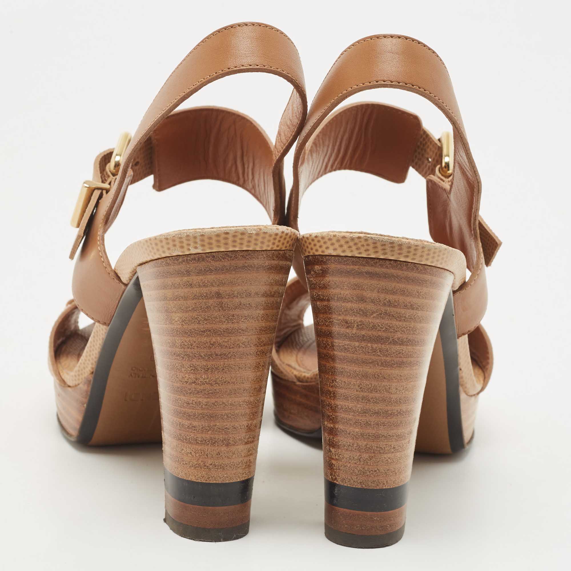 Fendi Beige Leather Ankle Strap Platform Sandals Size 40