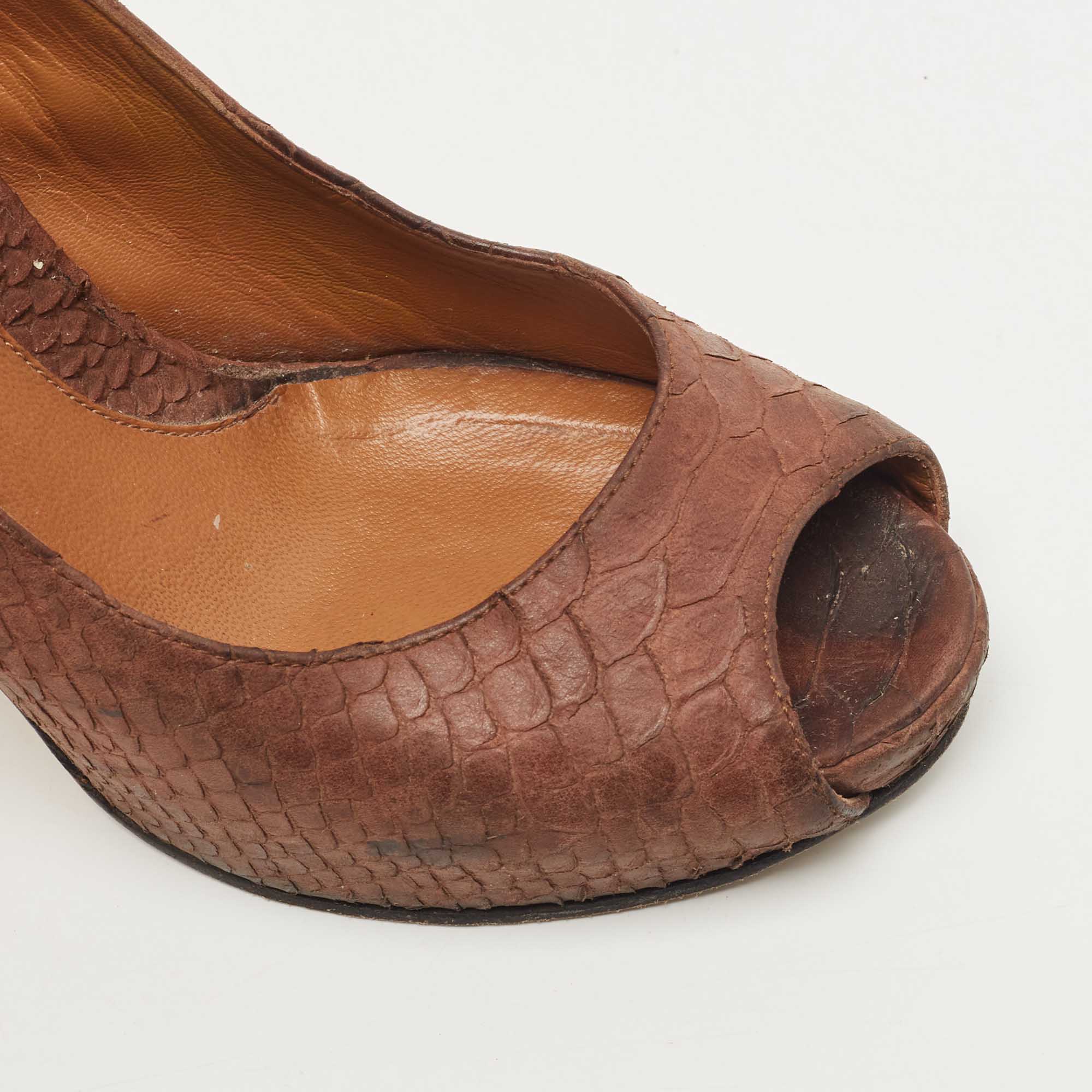 Fendi Brown Python Embossed Leather Peep Toe Platform Pumps Size 38.5