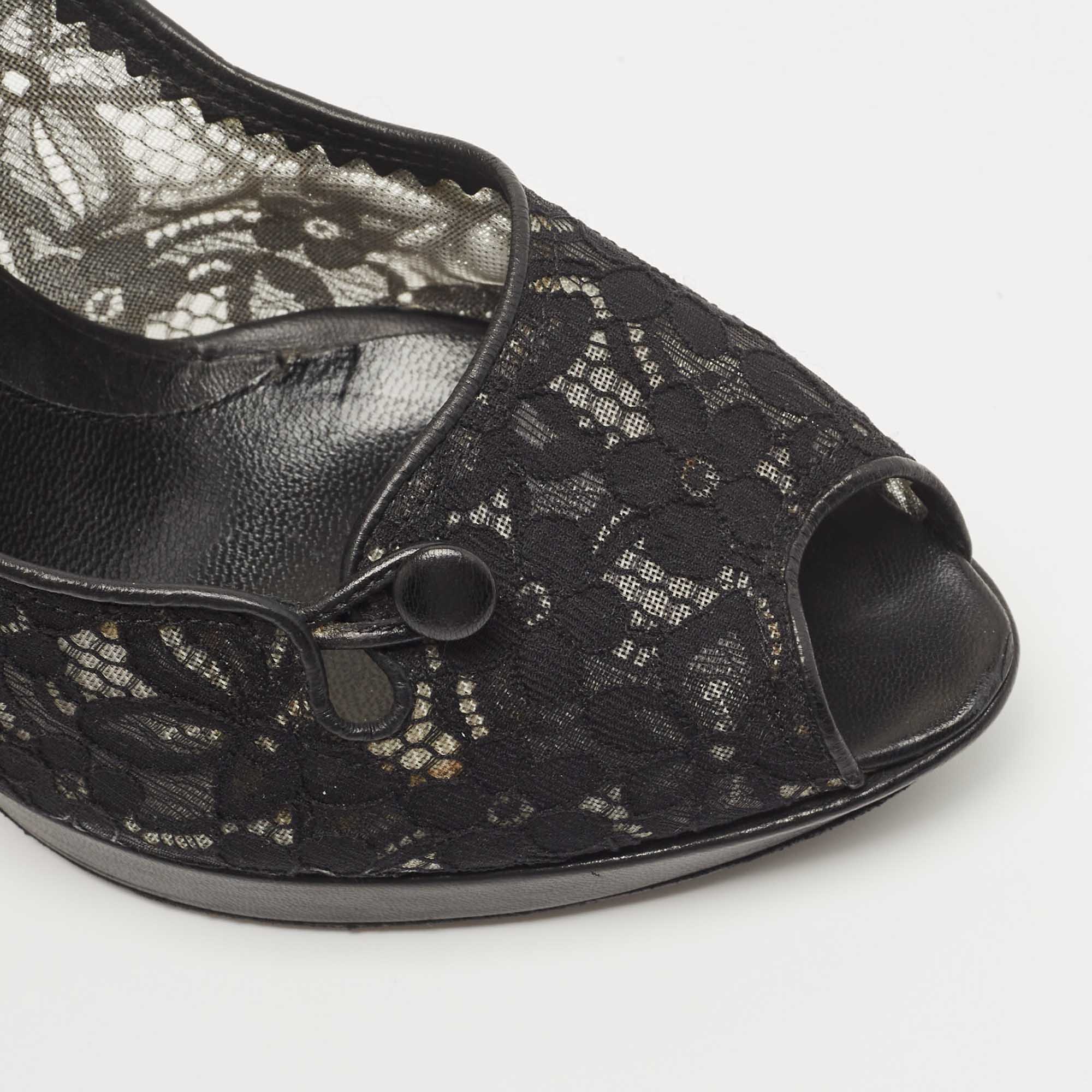 Fendi Black Lace And Leather Button Detail Peep Toe Pumps Size 40