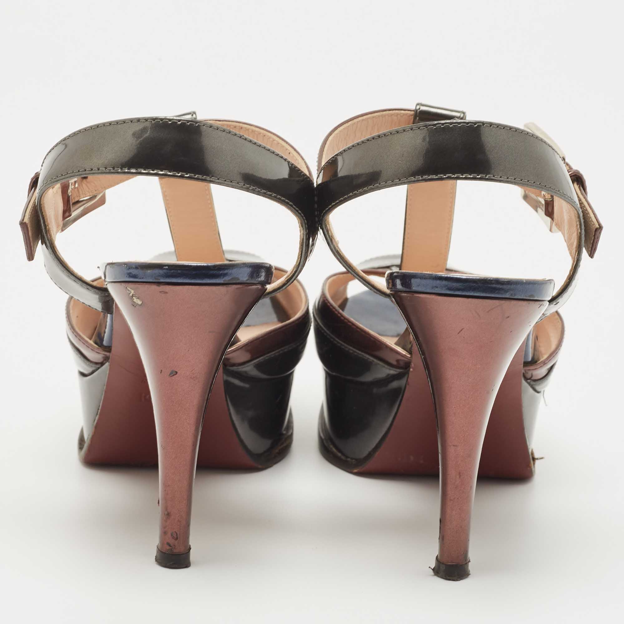 Fendi Multicolor Patent Leather Platform Ankle Strap Sandals Size 38