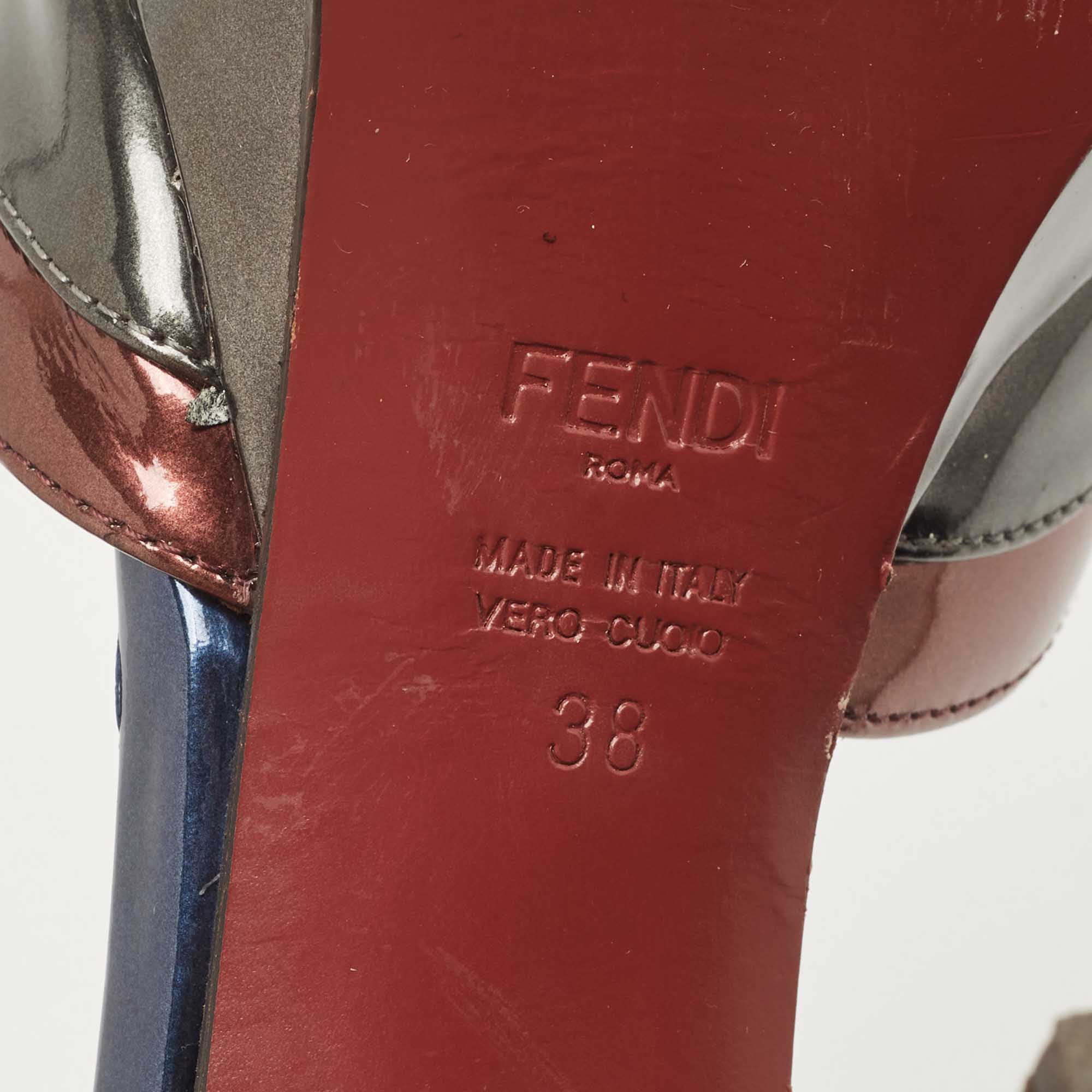Fendi Multicolor Patent Leather Platform Ankle Strap Sandals Size 38