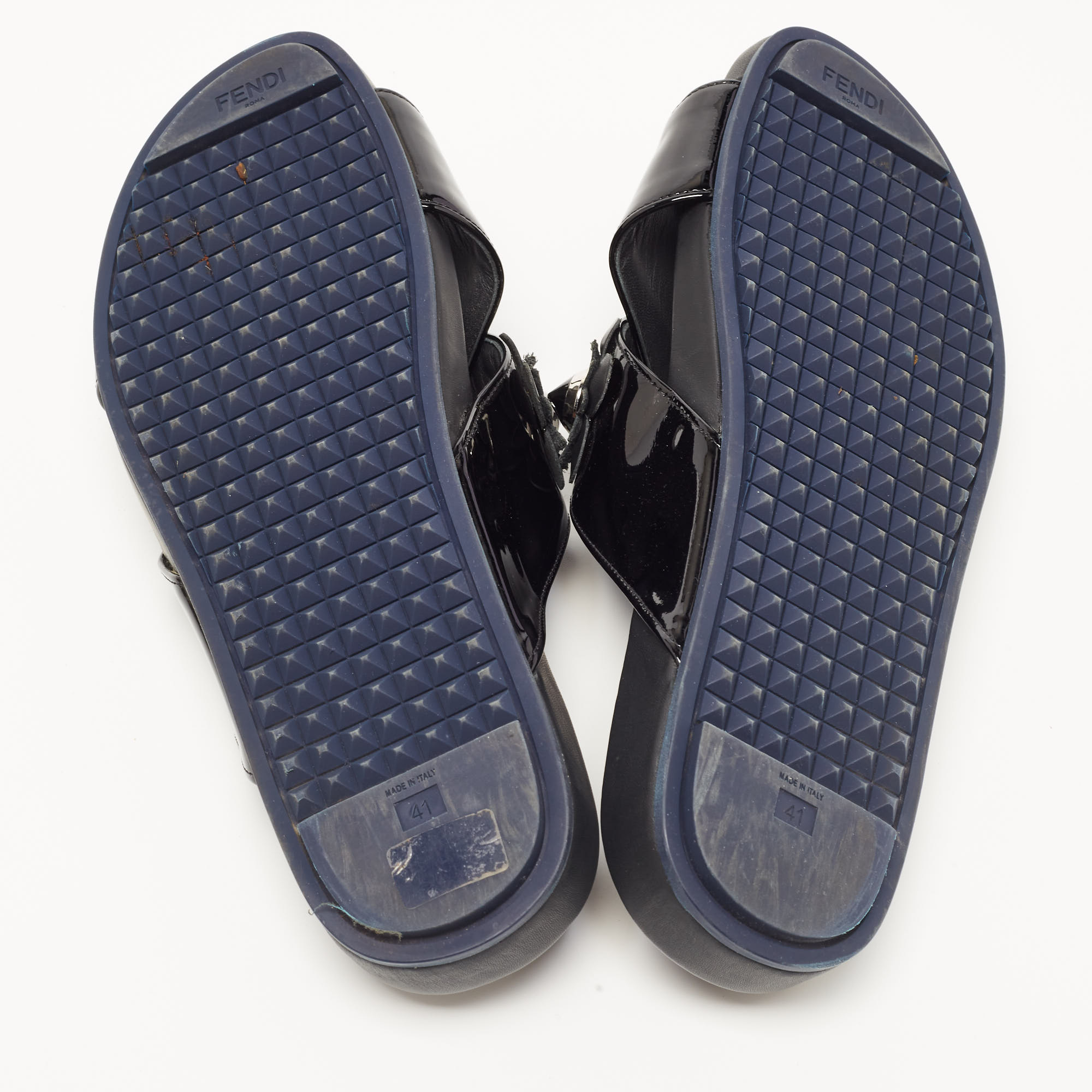 Fendi Black Patent Leather Flowerland Stud Criss Cross Flat Sandals Size 41