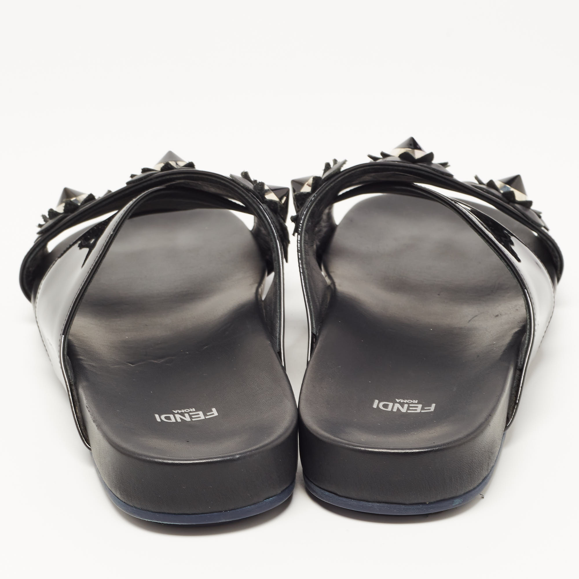 Fendi Black Patent Leather Flowerland Stud Criss Cross Flat Sandals Size 41