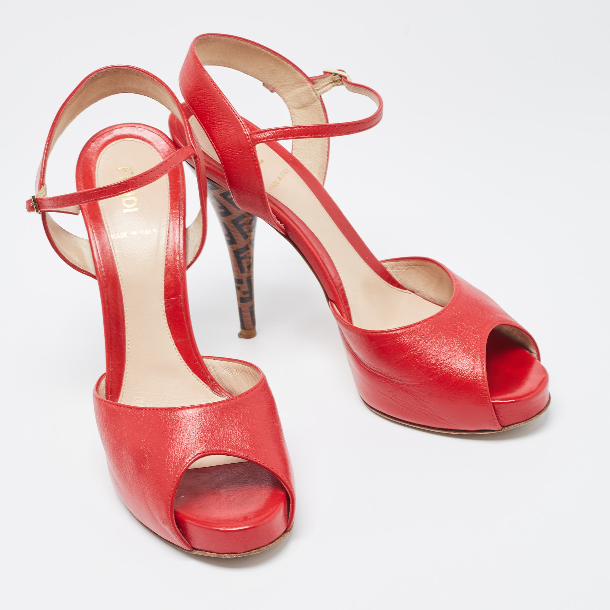 Fendi Red Leather  Open Toe Ankle Strap Sandals Size 39