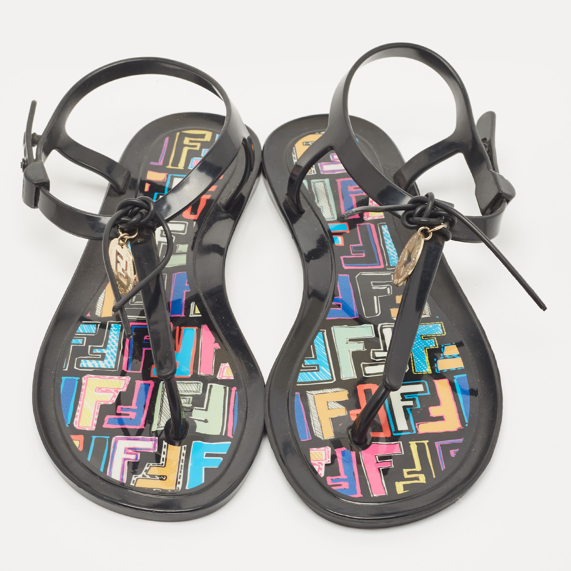 Fendi Black Jelly T-strap Slingback Flat Sandals Size 38