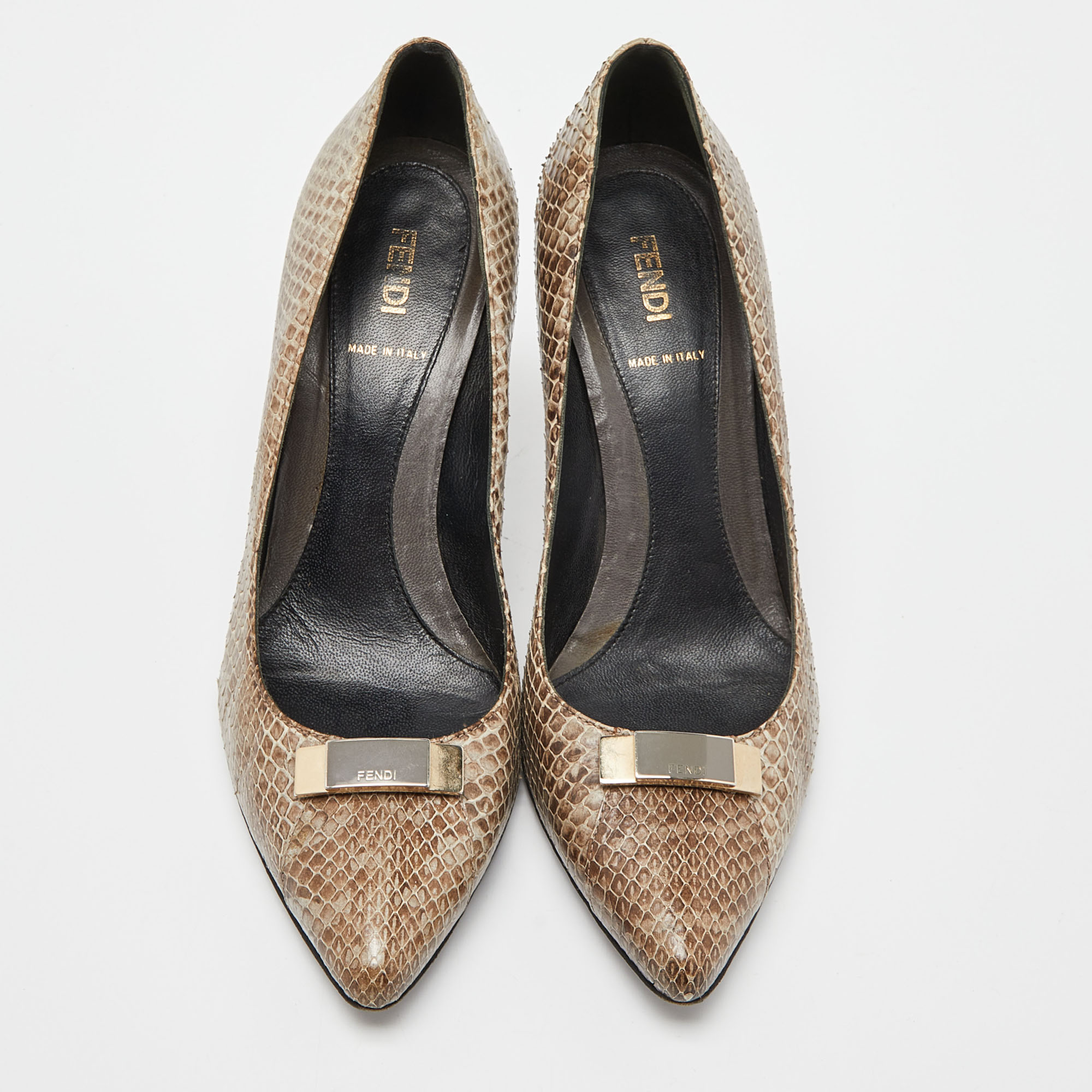 Fendi Beige/Brown Watersnake Leather Pointed Toe Pumps Size 39.5