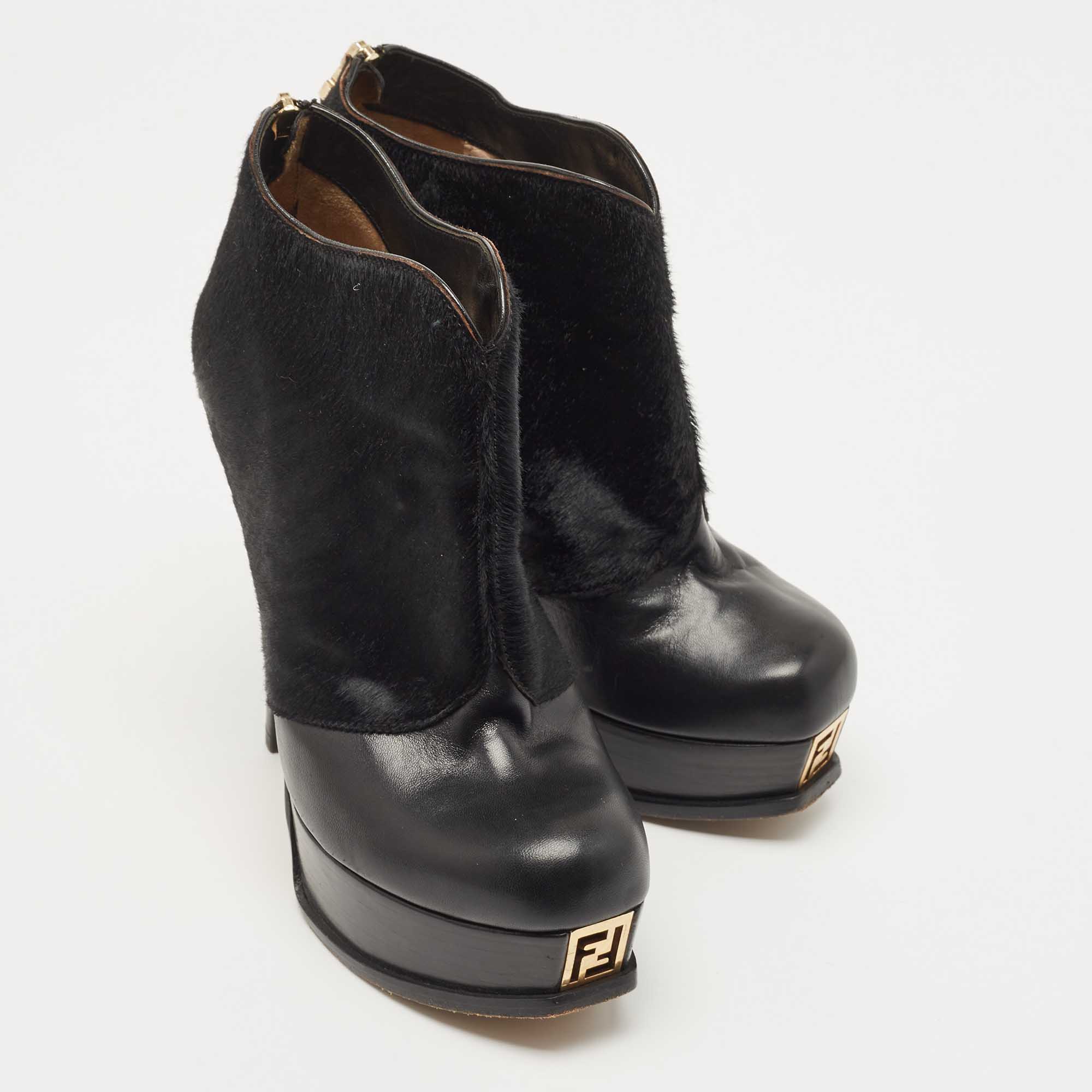 Fendi Black Leather And Suede Fendista Ankle Boots Size 36.5