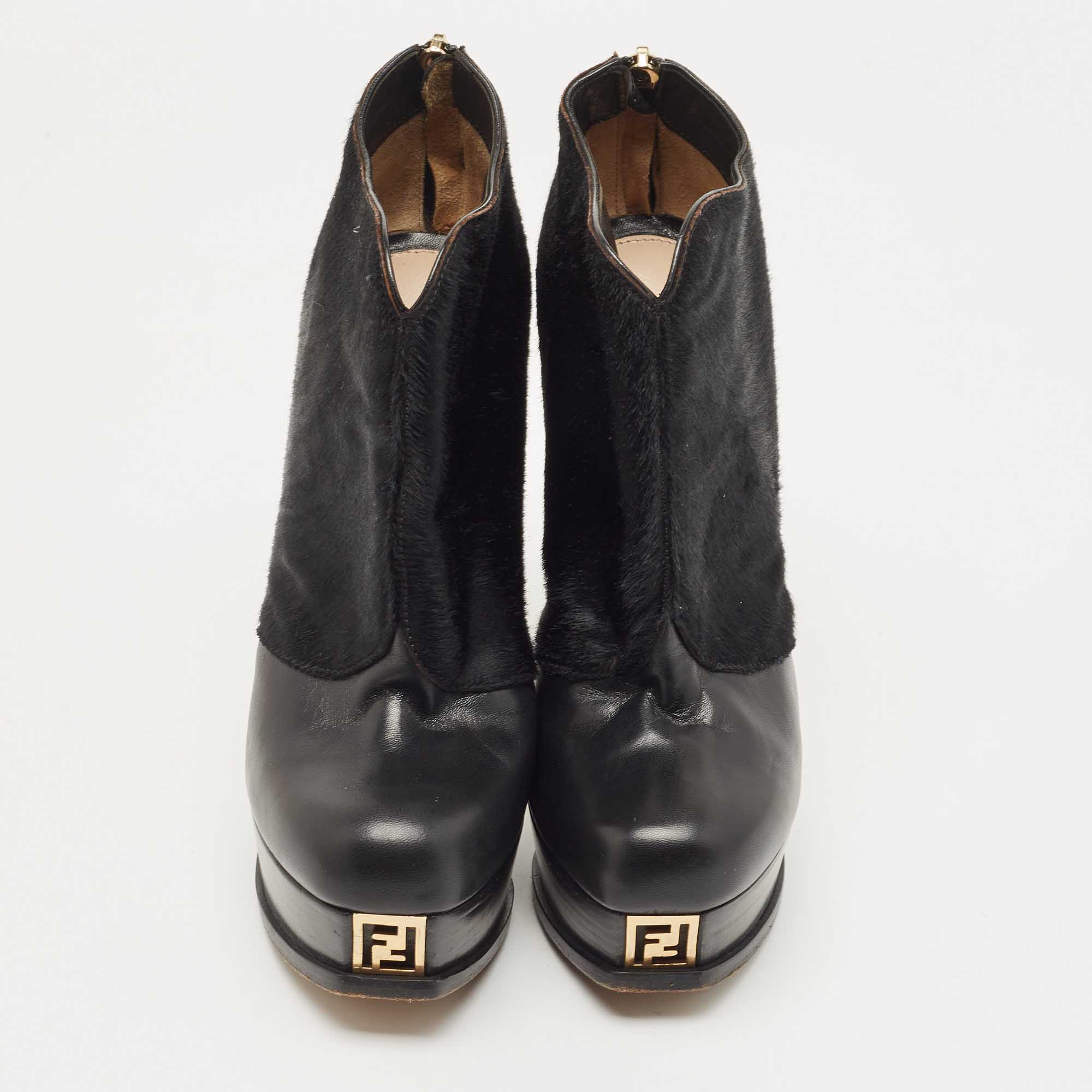 Fendi Black Leather And Suede Fendista Ankle Boots Size 36.5