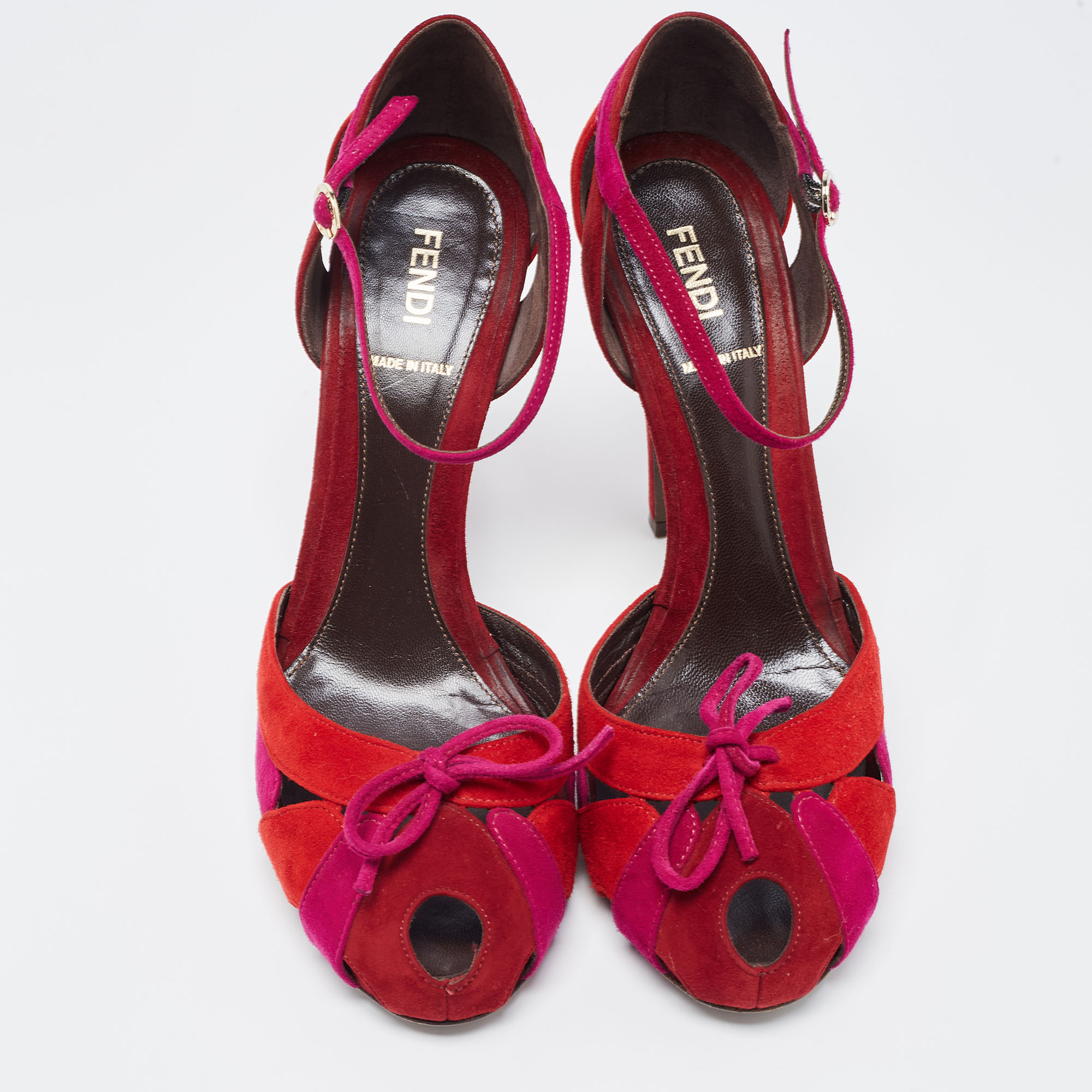Fendi Tricolor Suede Bow Peep Toe D'orsay Ankle Strap Pumps Size 39