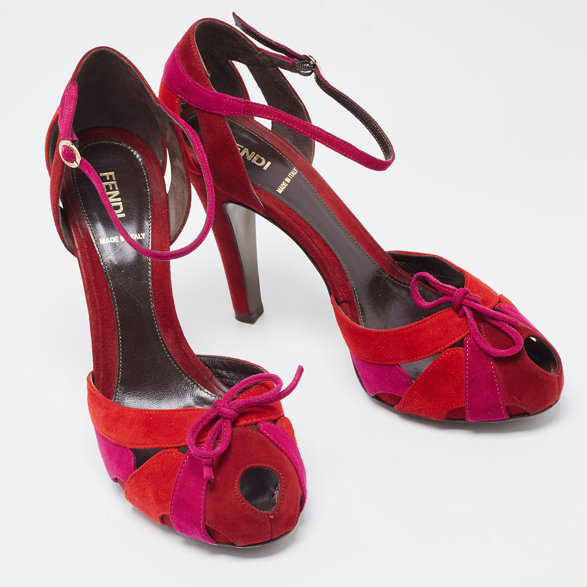 Fendi Tricolor Suede Bow Peep Toe D'orsay Ankle Strap Pumps Size 39