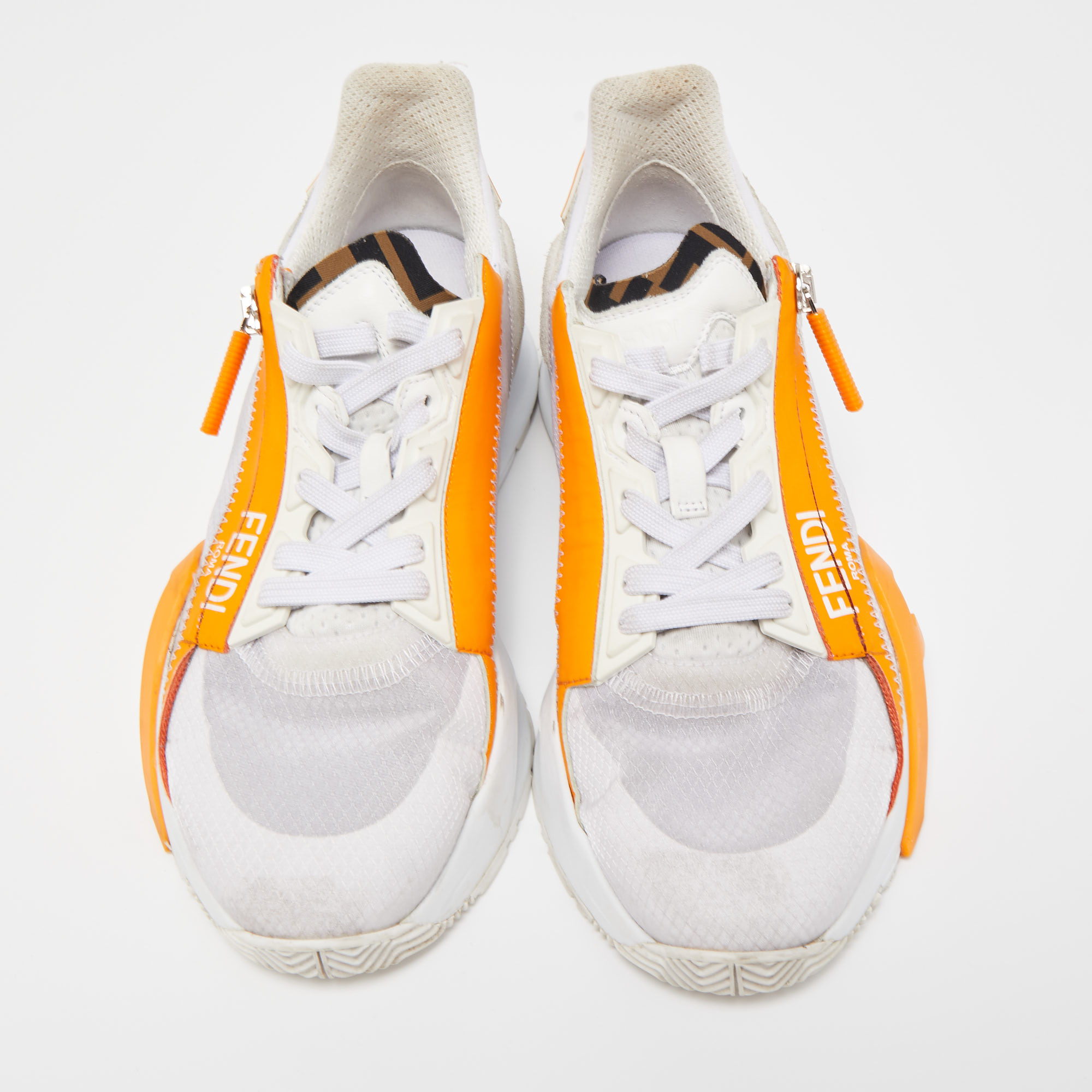 Fendi White/Orange Mesh And Suede Flow Sneakers Size 37