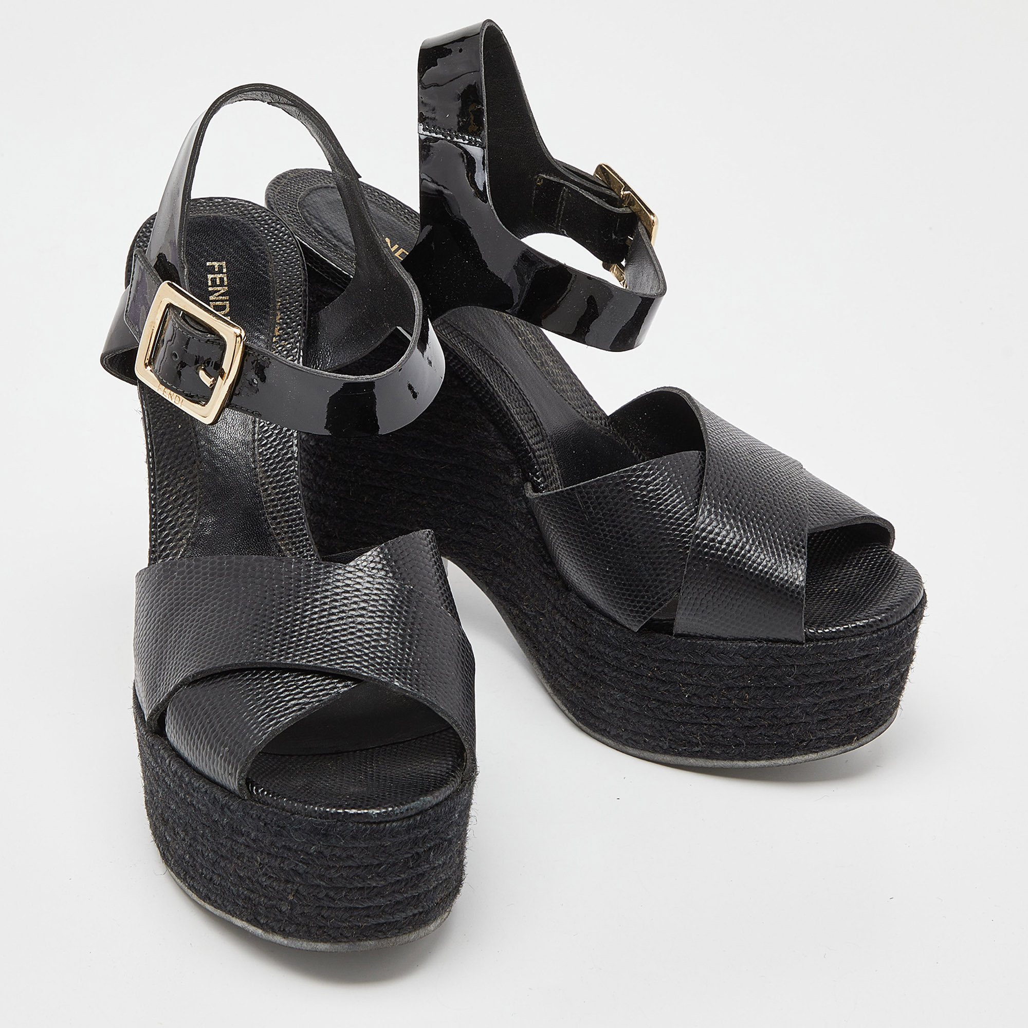 Fendi Black Lizard Embossed Leather And Patent Cork Wedge Platform Ankle Strap Sandals Size 39.5